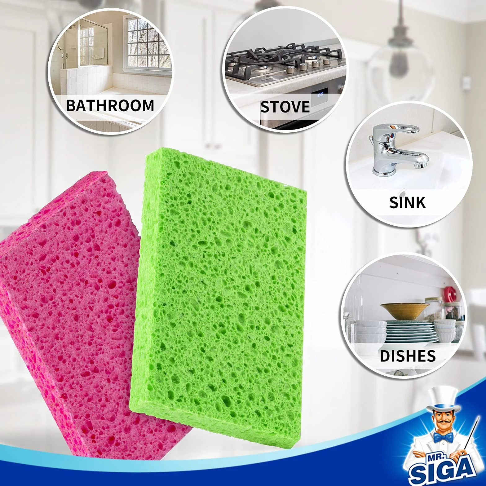 MR.SIGA Esponja de Cocina de celulosa, esponjas para Fregar Limpia ollas sin rayones Esponja de Limpieza vajilla Muy Absorbente, 12 Piezas