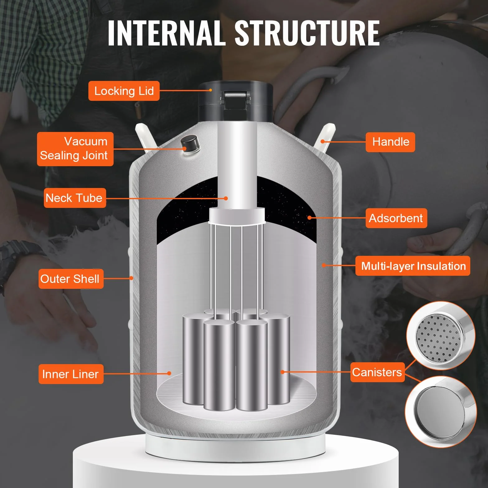 VEVOR Tanque de Nitrógeno Líquido 30 L, Contenedor de Aleación de Aluminio con 6 Botes y Bolsa de Transporte