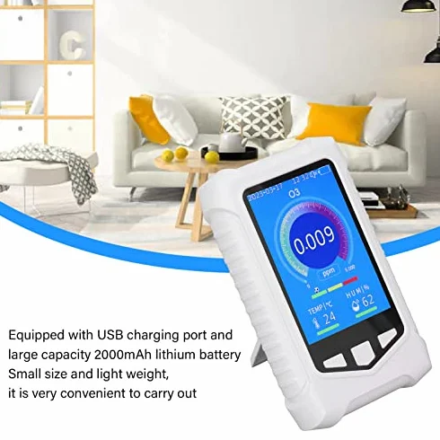 Medidor Calidad Aire, O3 86-106Kpa 0-50ppm Detector de Ozono con Carga USB Pantalla LCD de 3,5 Pulgadas para Interior