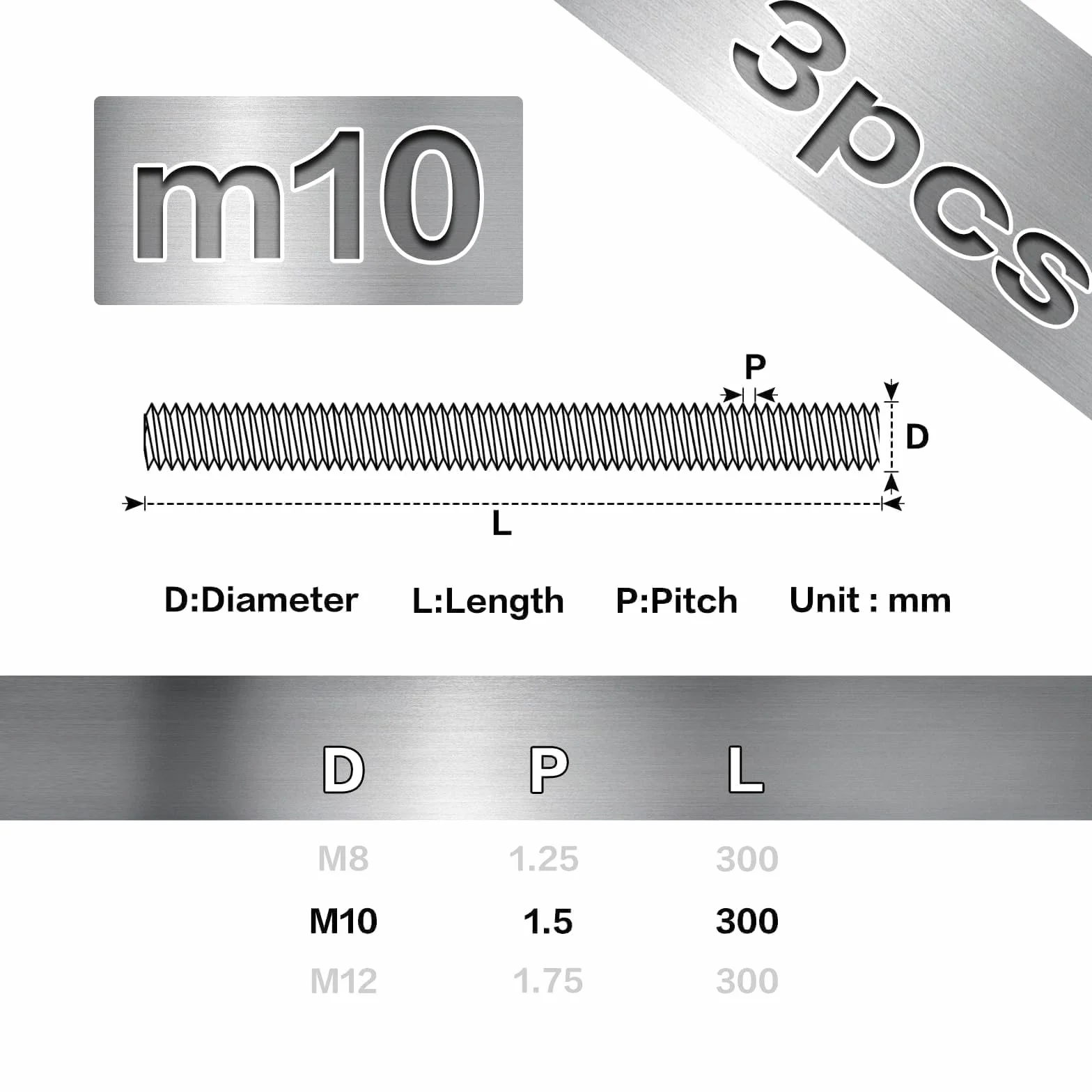 Varilla Roscada M10 x 300 mm Galvanizado DIN 975 Acero Carbono Grado 4.8
