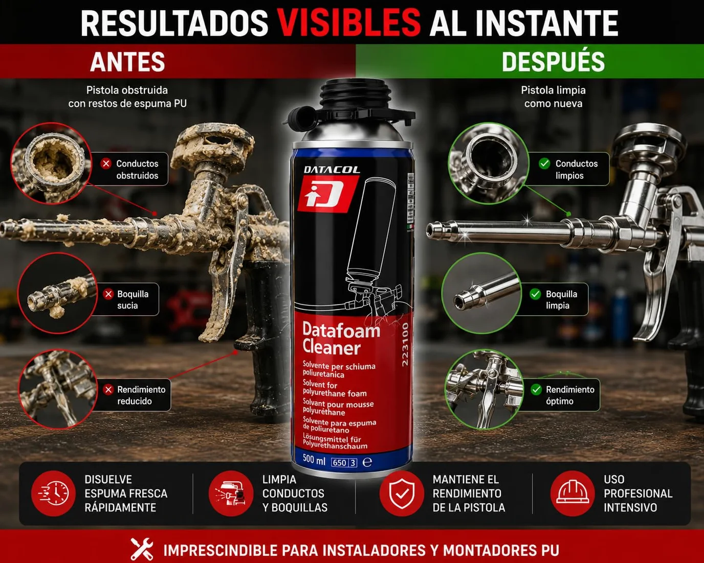 DATAFOAM CLEANER 500 ml – Solvente limpiador espuma poliuretano – PACK 12 – Aerosol para limpieza de pistolas PU y espuma fresca – DATACOL