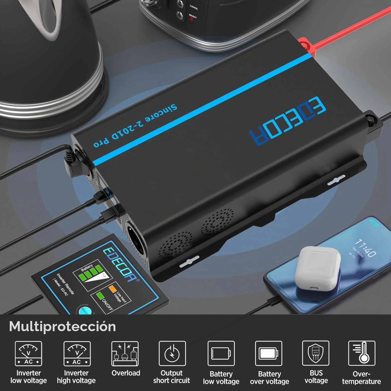 EDECOA Inversor 12v 220v Onda Pura 2000w con Mando a Distancia, LCD, USB Type-C, Ventiladores silenciosos, Compatible con baterías Gel, Agm, Litio para caravanas, Barco, Coche, Paneles solares