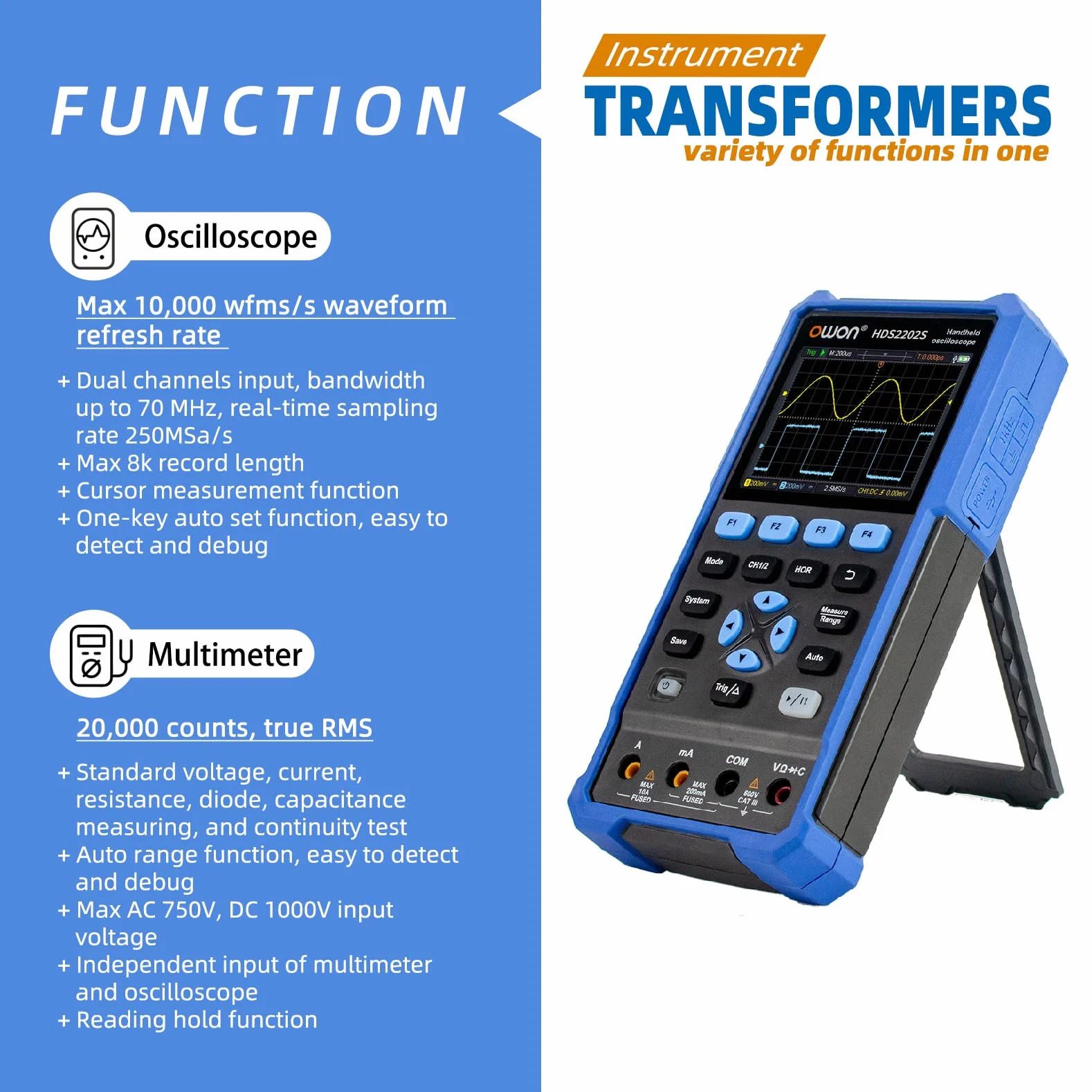 OWON HDS2202S Osciloscopio 3 en 1 Osciloscopio portátil profesional para PC 200 MHz, multímetro digital de 20000 cuentas, pantalla LCD de 3,5 pulgadas, herramienta de prueba universal