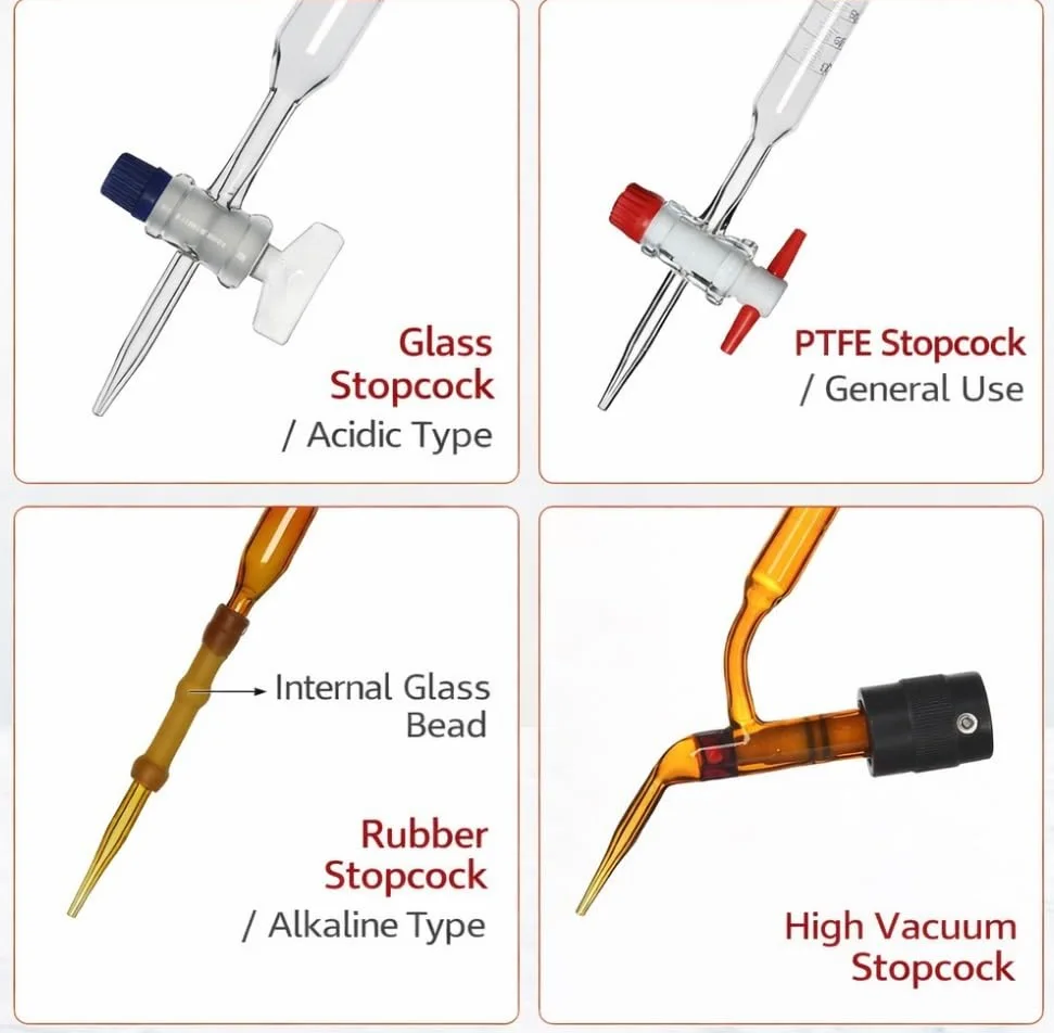 Bureta de Vidrio Clase A con Llave PTFE & Parte Superior de Embudo - Precisión ±0,02ml, 10ml 25ml 50ml para Laboratorio(50ml)