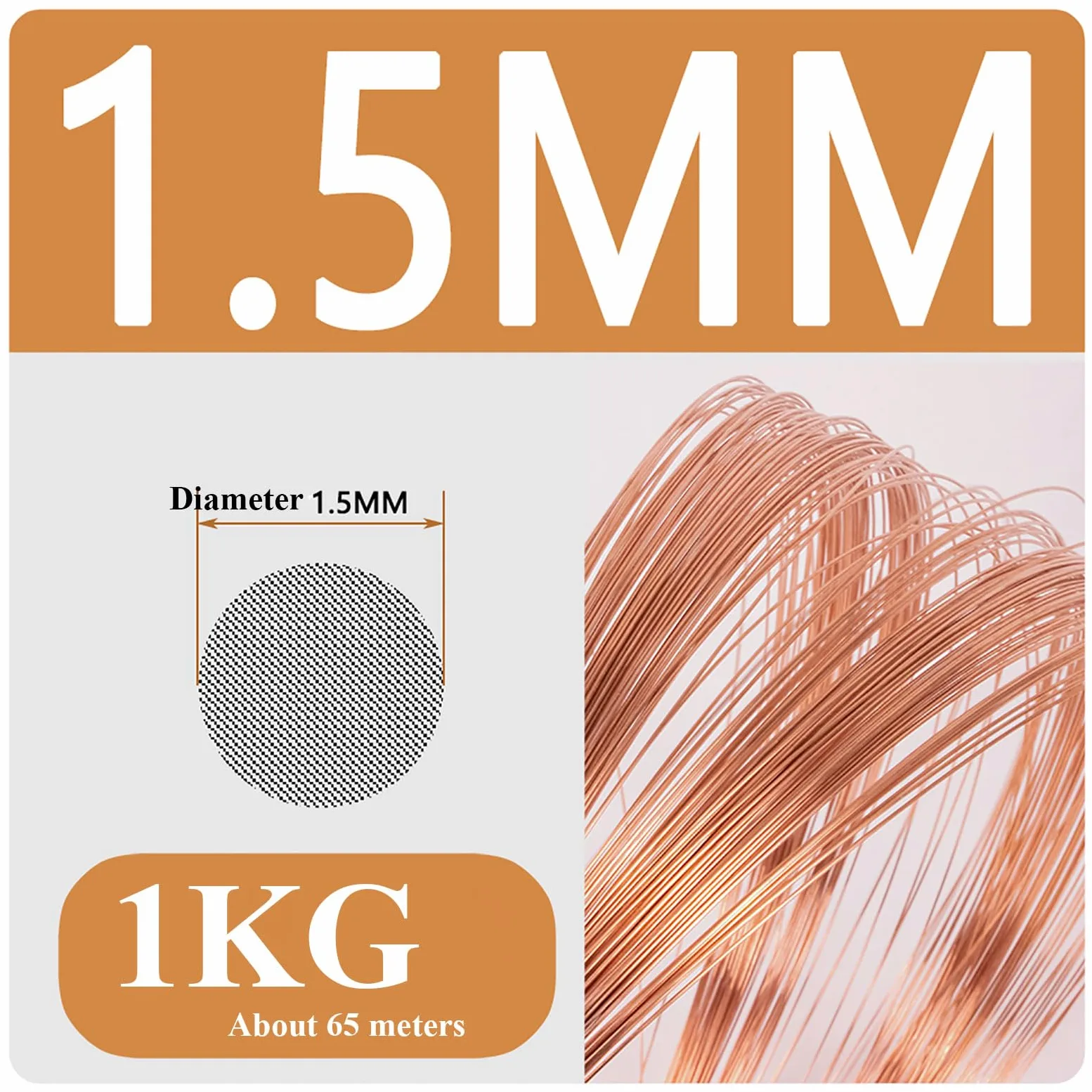 Alambre de cobre, alambre metálico, alambre for manualidades, diámetro de 1,3/1,5/1,6 mm, 1 kg, for joyería, electricidad e industria.(1.5mm*1kg)