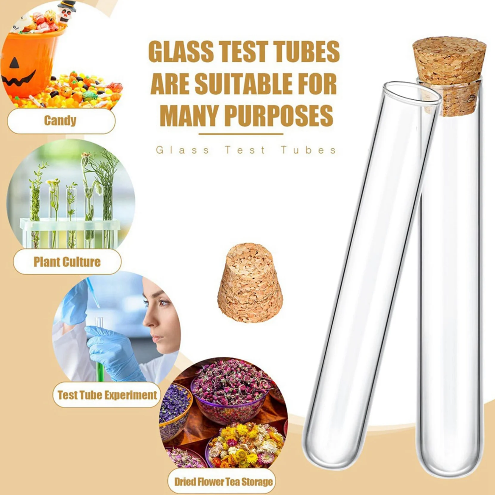 200 Tubos de Ensayo de Vidrio con Tapones Transparentes de Corcho, Contenedor de Tubos de Tampones de Alcohol para Prueba de Laboratorio de Fondo Redondo (15X100 Mm/13 Ml)