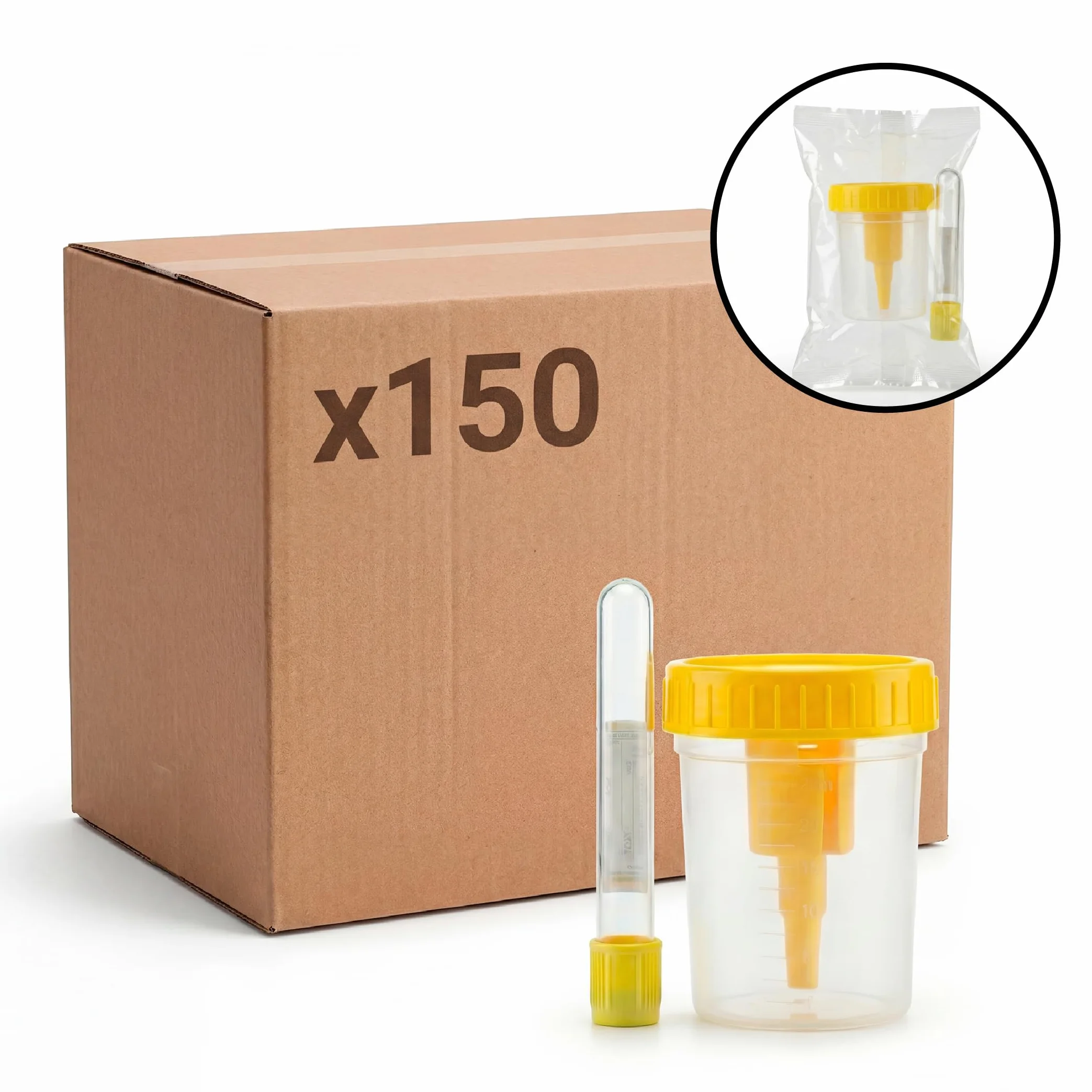 KMINA Kit de Recogida de Orina por Vacío (150 unidades), Contenedor de 100 ml con Graduación y Tubo de Vacío de 9 ml, Sistema Cerrado e Higiénico