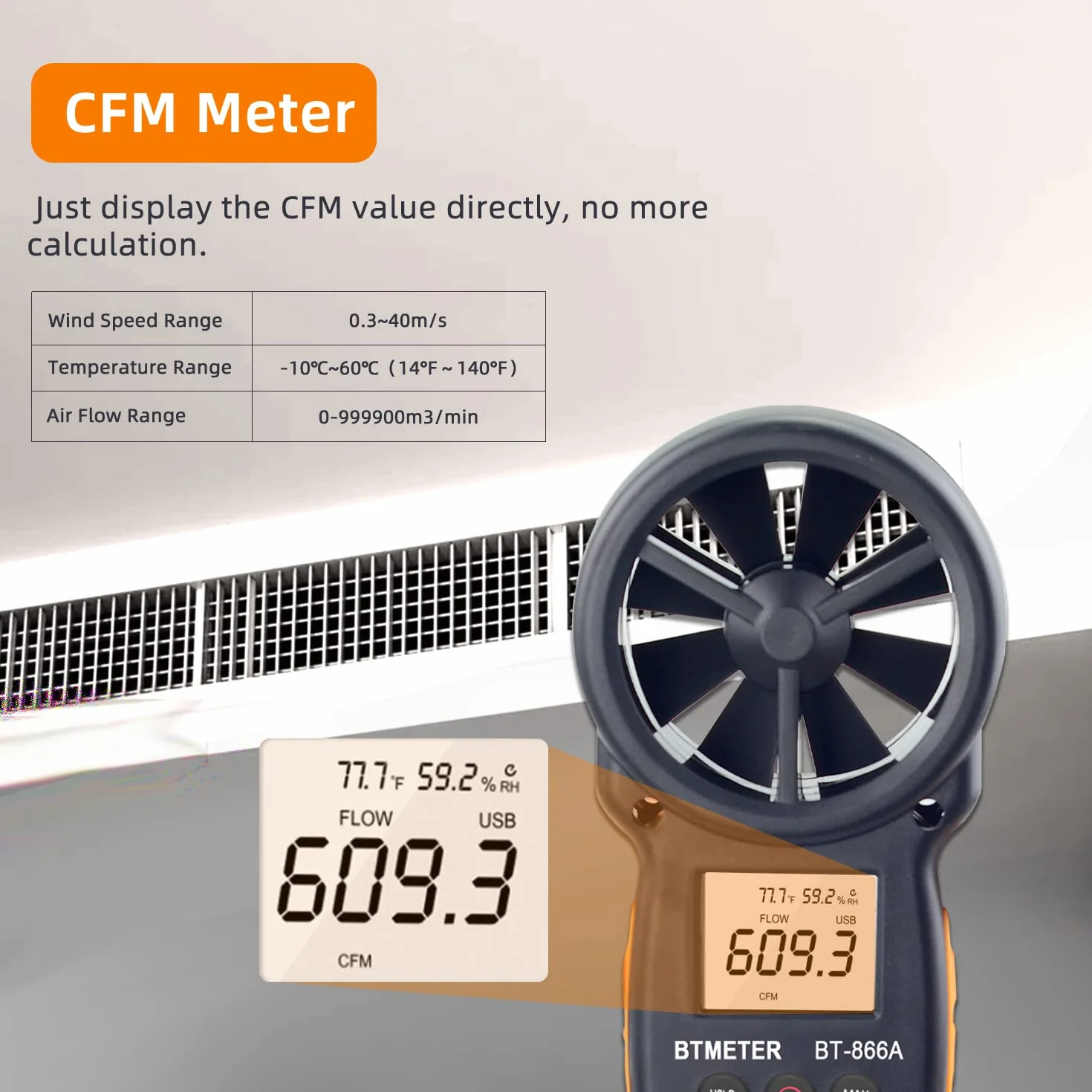BTMETER BT-866A Anemómetro HVAC CFM Medidor de Velocidad de Viento Digital 0,3-40 m/s con Retroiluminado USB