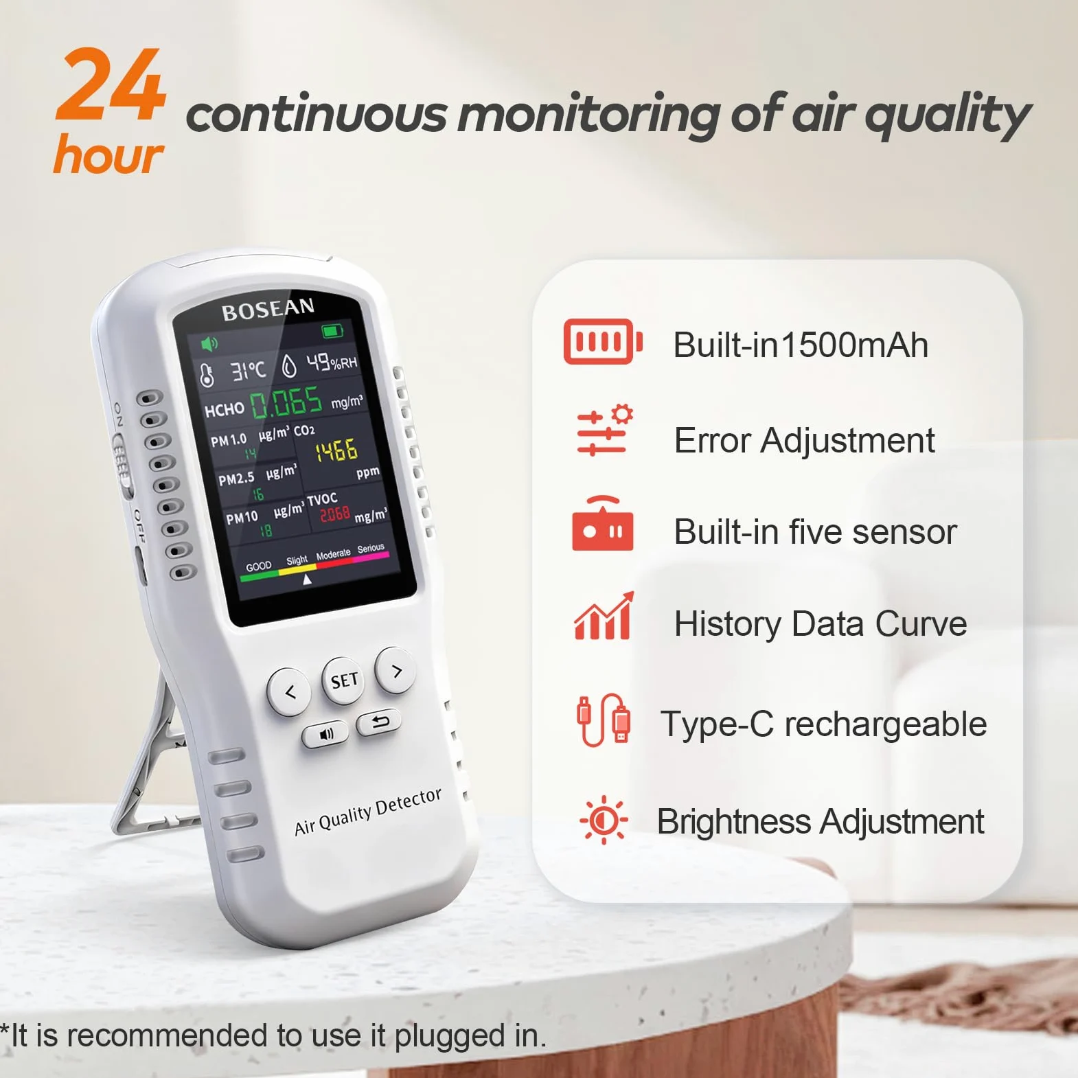 Medidor de calidad del aire para el hogar CO2 TVOC HCHO PM2.5 PM10 PM1.0, 5 sensores reales detectores de temperatura y humedad, adecuado para oficinas en casa o escuelas, medidor de calidad del aire