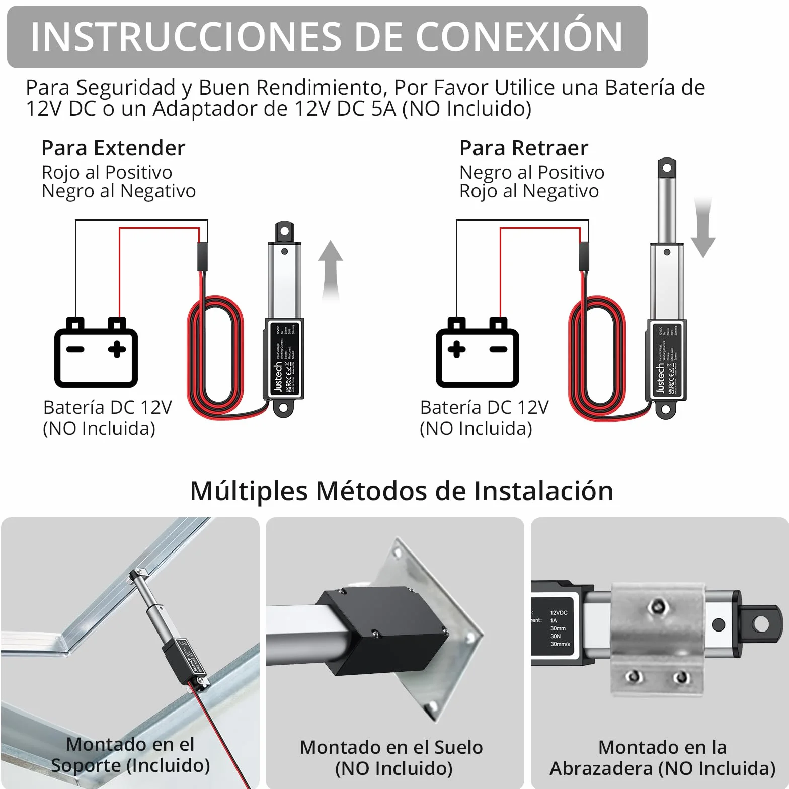 Justech Actuador Lineal 30mm 12V 30N Aleación de Aluminio
