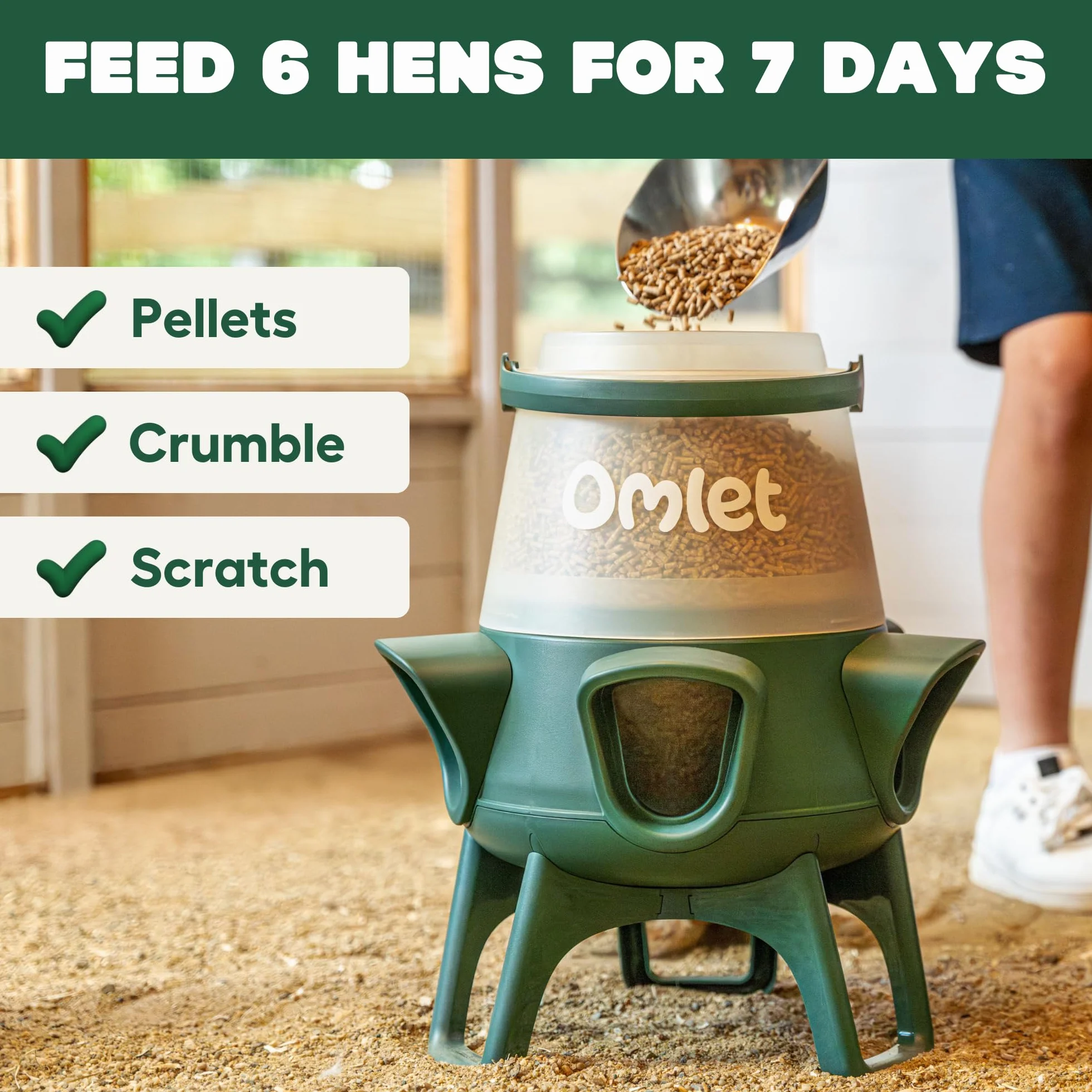 Omlet Comedero para pollos sin residuos | Comedero para aves de corral sin derrames | Puertos antiacosador sin BPA | Fácil de limpiar y montar | Alimenta a 6 gallinas durante 7 días | 5 kg