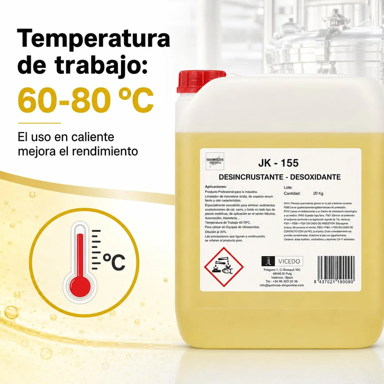 JK-155 Desoxidante Desincrustante Concentrado 5 kg para Ultrasonidos, Inmersión y Limpieza Técnica, Elimina Cal, Óxido y Depósitos Calcáreos en Superficies Metálicas