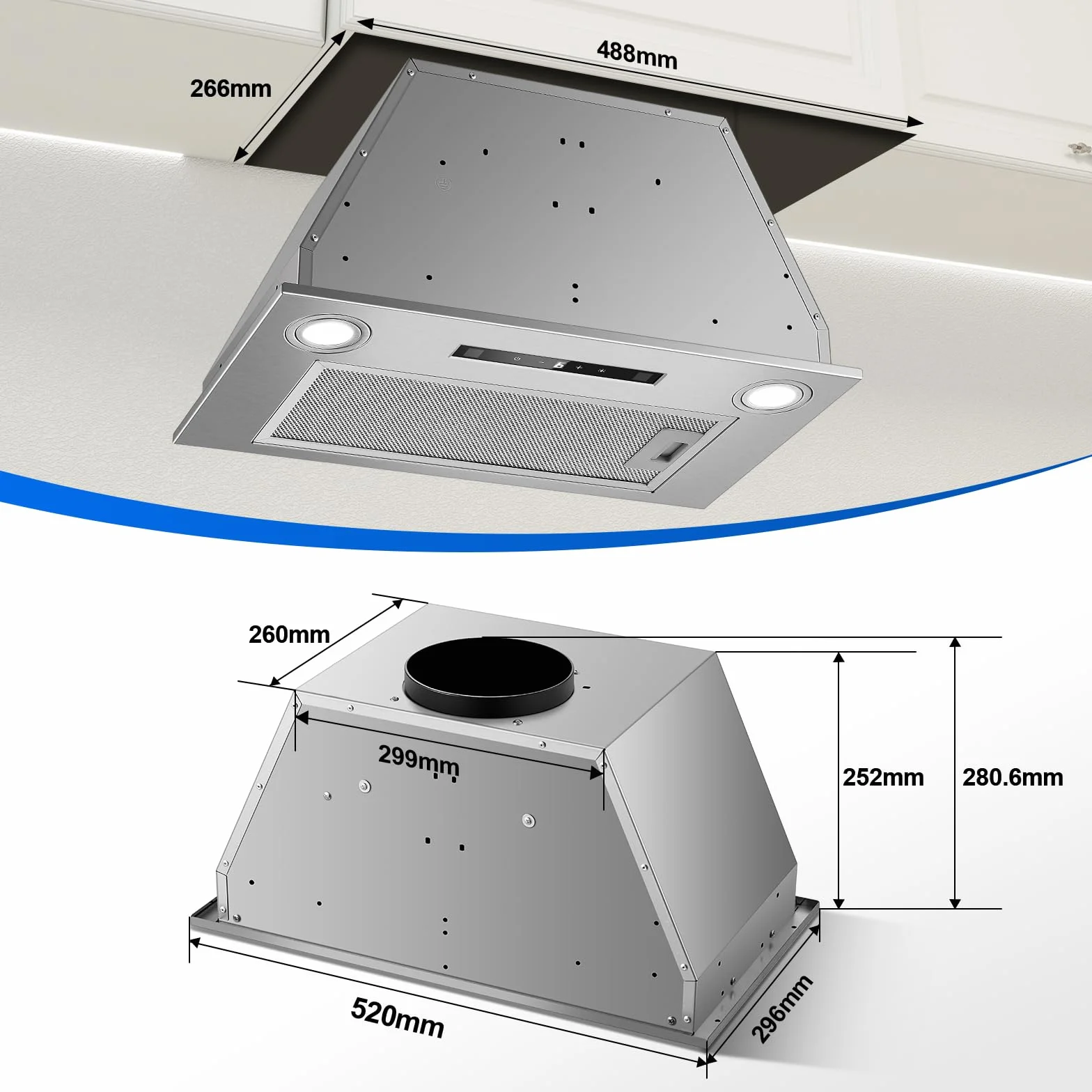 Campana Extractora Empotrable 52 cm 400 m³/h 3 Velocidades Booster Controles Gestuales Táctiles LED