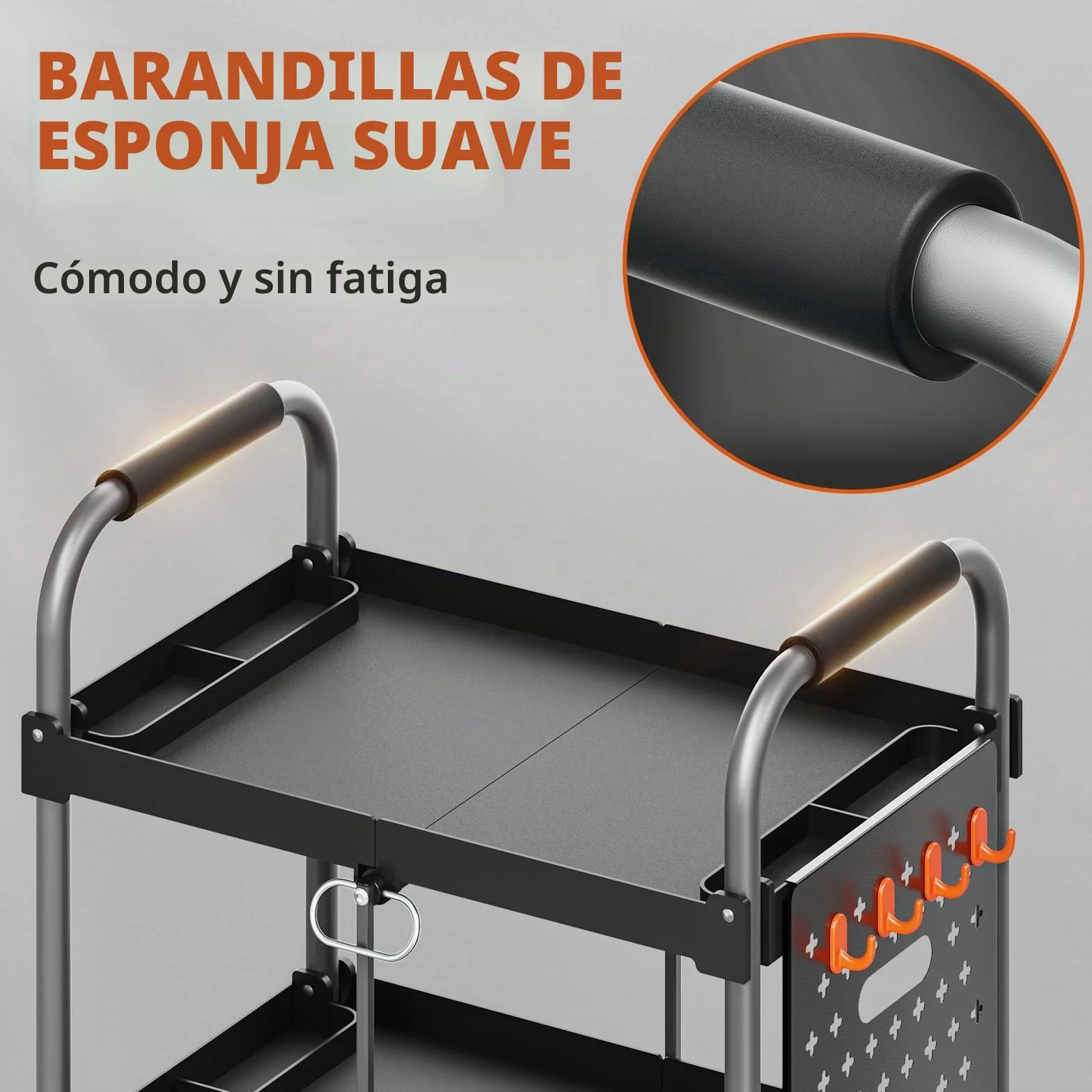 KINGRACK Carro de Herramientas con Ruedas de 3 Estantes y Mango Ergonómico, Carro de Servicio Plegable, Carro Auxiliar Taller Organizador con Placas Colgantes para Hogar Oficina Garaje Almacén, Negro