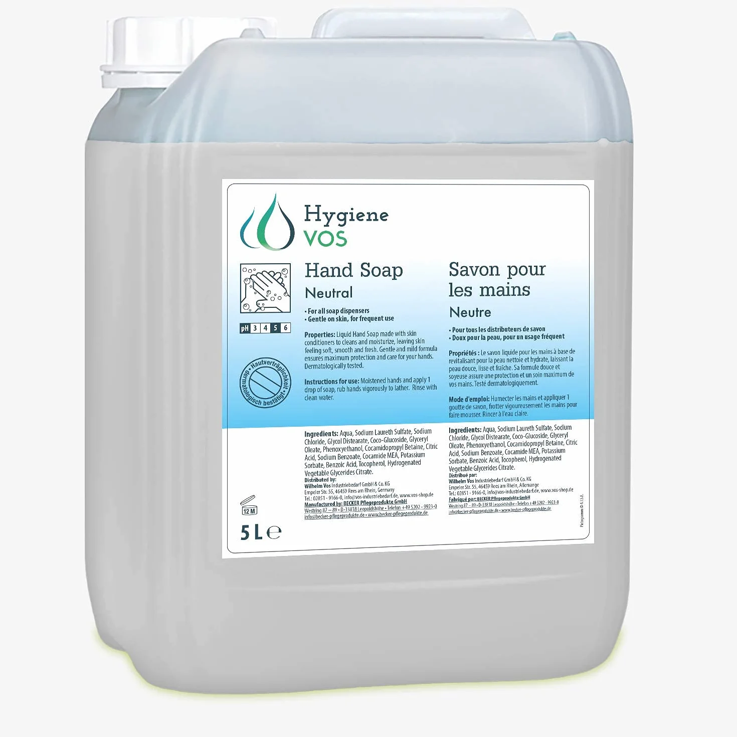 Hygiene VOS Jabón Líquido de Manos neutro sin perfume pH Neutro 5L Envase Económico