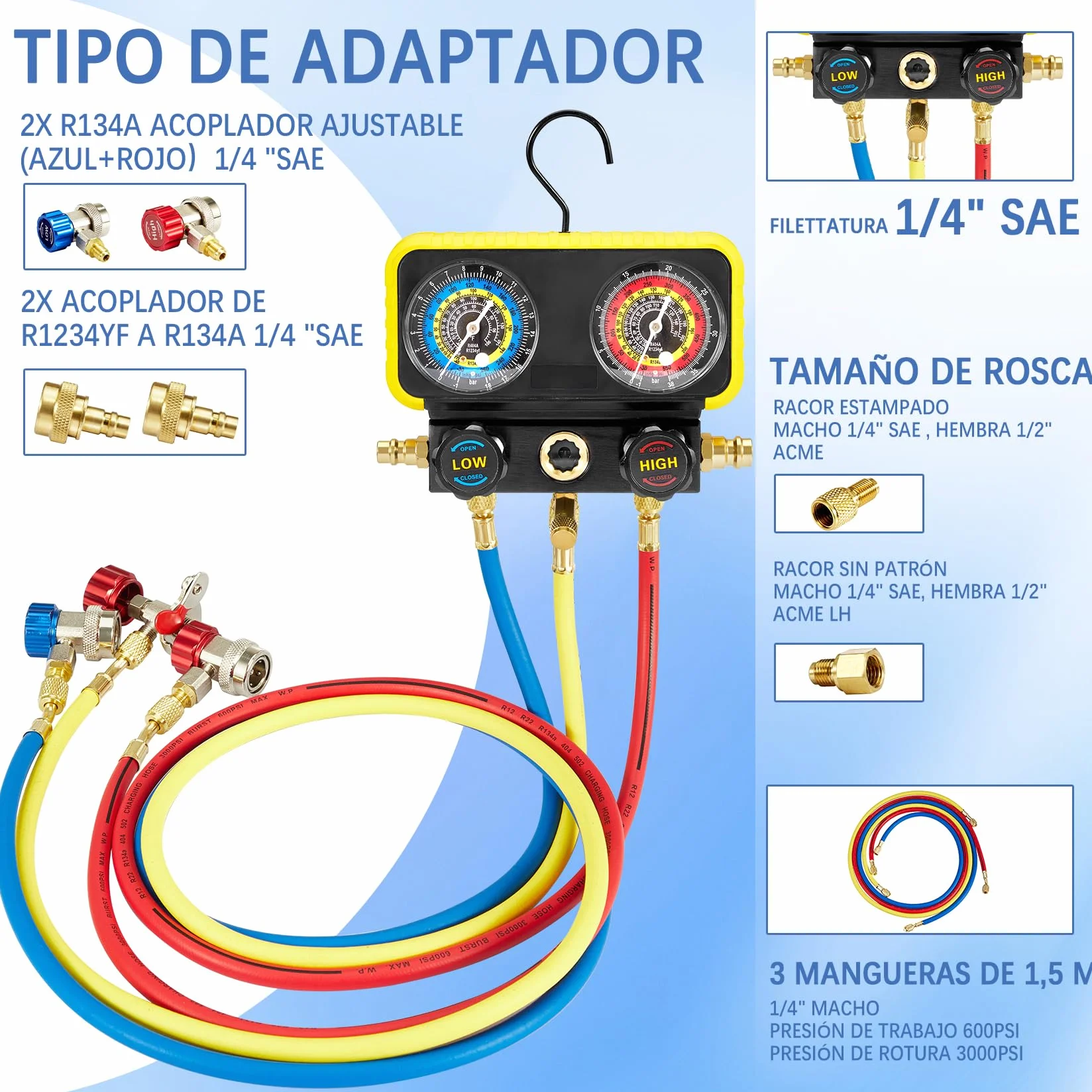 Pindex Puente manómetro 2 vías para refrigerante R1234YF R134A R404A, Manómetro Aire Acondicionado con 3 Mangueras de 1,5 M, para Recarga de Aire Acondicionado Coche