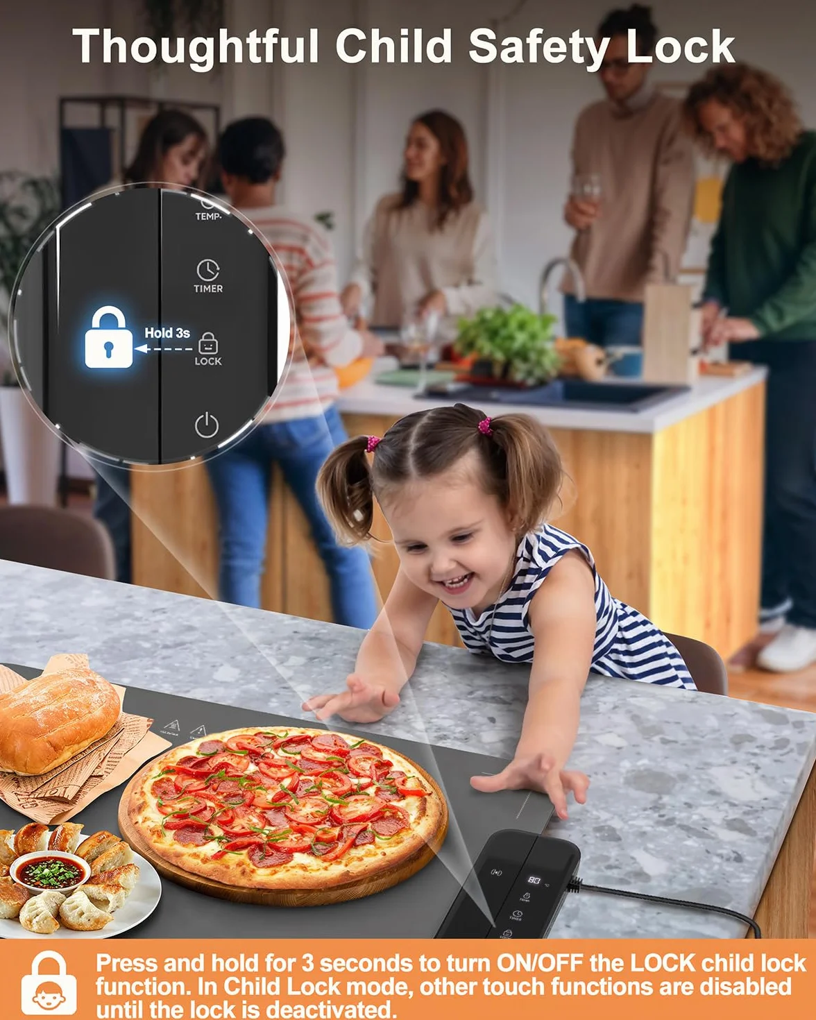 Alfombrilla Térmica para Alimentos con 6 Temperaturas, Bloqueo Infantil, Apagado Automático y Temporizador