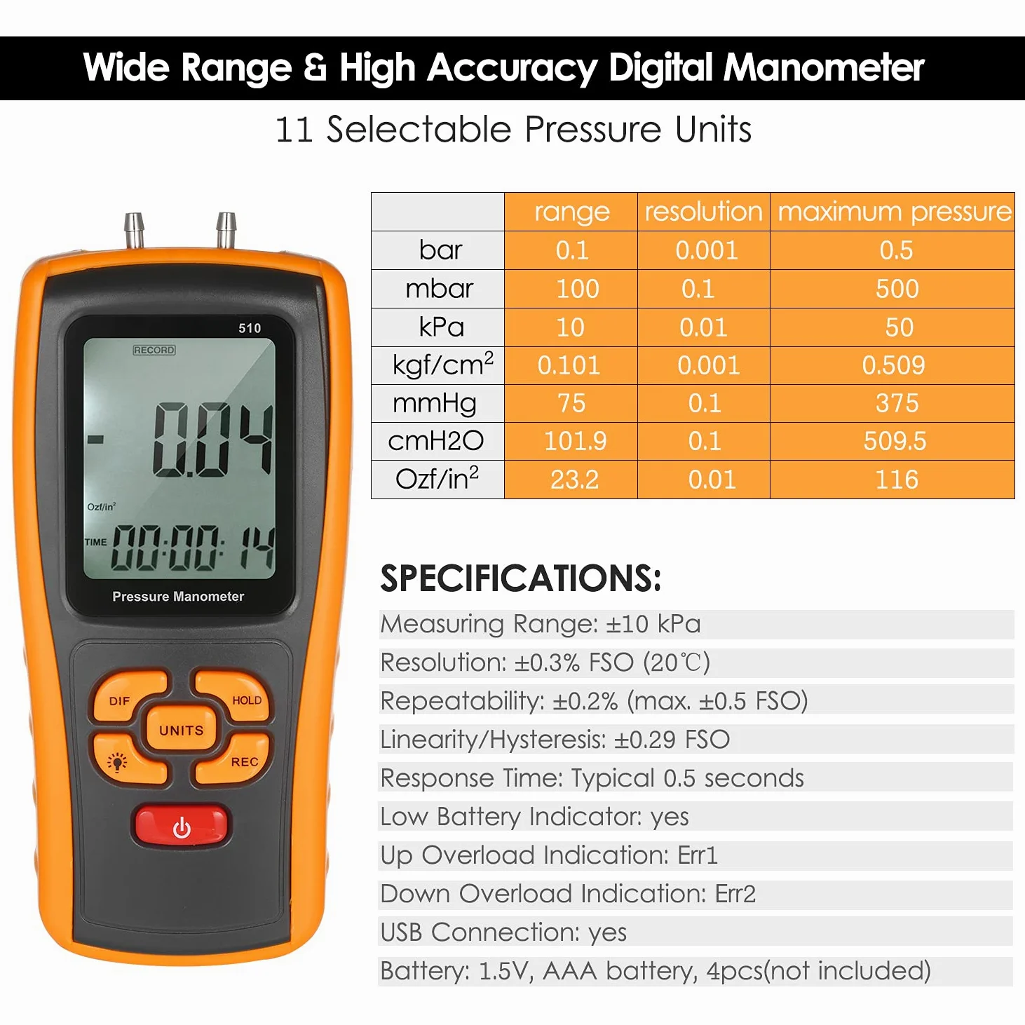 Manómetro digital de precisión ± 10 kPa, medidor de presión diferencial, micromanómetro para válvulas de gas, interruptores de presión, sistema HVAC al vacío, horno, caldera, calentador de agua, aire
