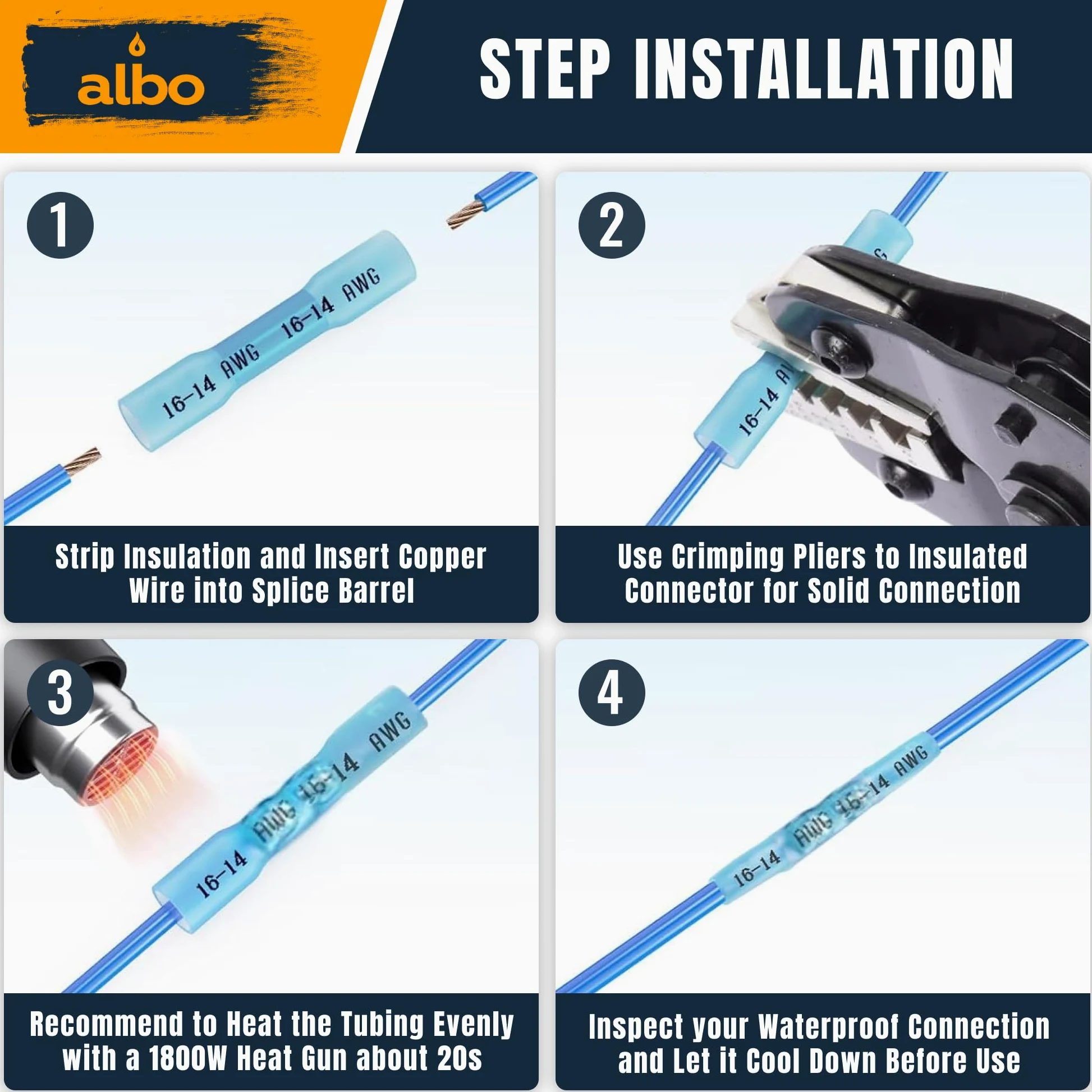 ALBO 1000 conectores termorretráctiles de 16 a 14 AWG, cobre estañado de 0,8 mm, conectores de alambre de crimpado aislados de grado marino, conectores eléctricos impermeables, empalme a tope para