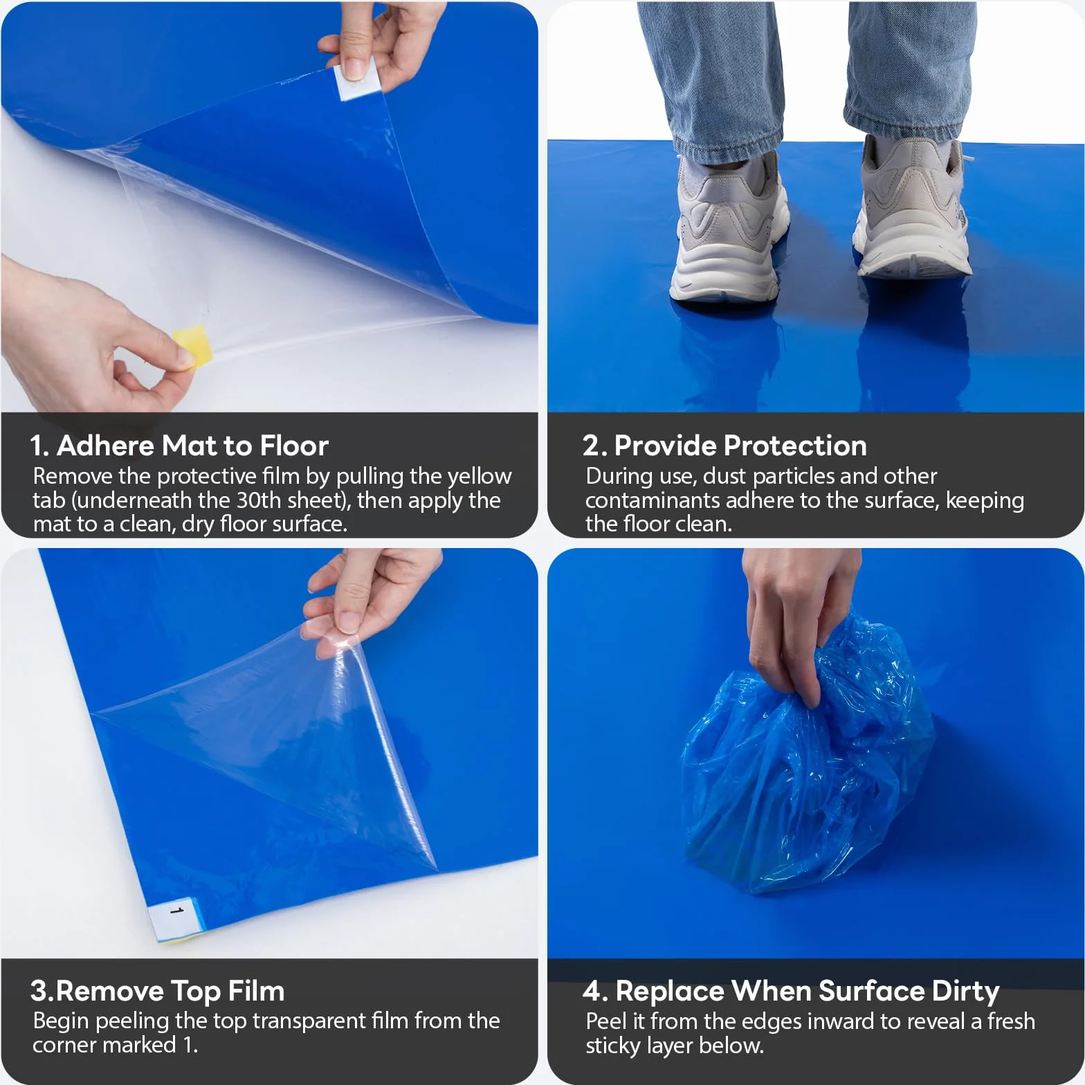 Alfombrillas adhesivas para suelo azul, 120 hojas (4 bloques de 30 hojas), 60 x 90 cm, para sala limpia, autoadhesiva, sin polvo, para limpieza en el hogar, laboratorio, oficina, hospital