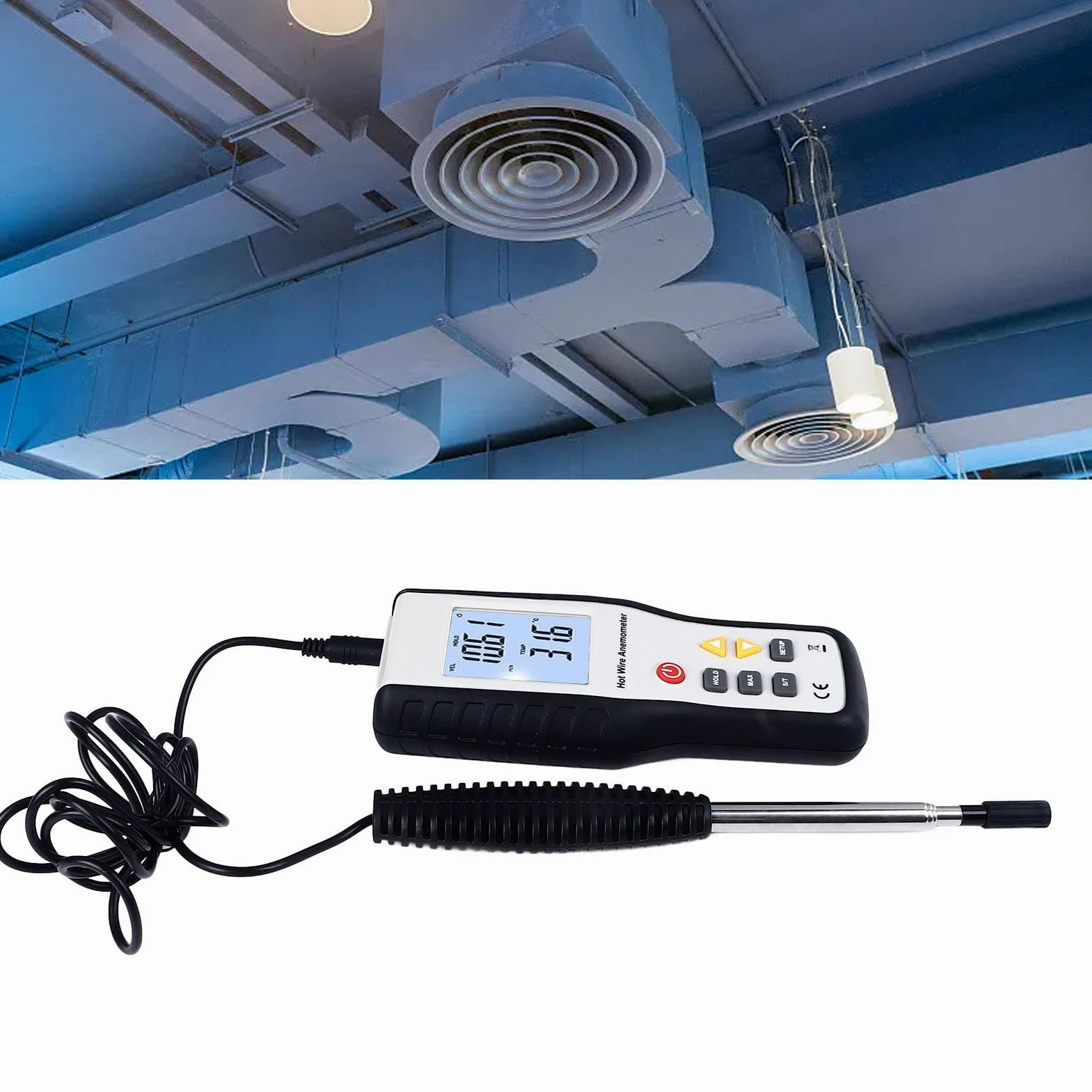 Cocoarm Anemómetro Térmico ABS Medidor de Velocidad del Viento LCD de Acero Inoxidable con Sonda Extensible de 1000 Mm Pantalla Retroiluminada Grande Lectura de Unidades Múltiples para Uso en el
