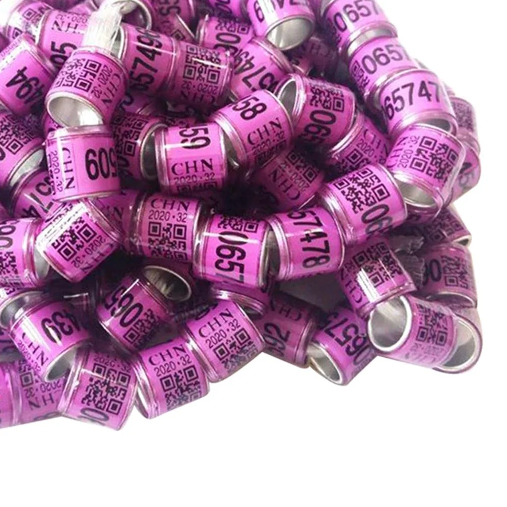 Identificación mediante anillas para aves, Anillos abiertos de aluminio for patas pájaros y palomas con números impresos, 8 mm, color morado, paquete 100(5 Set Ofpurple)