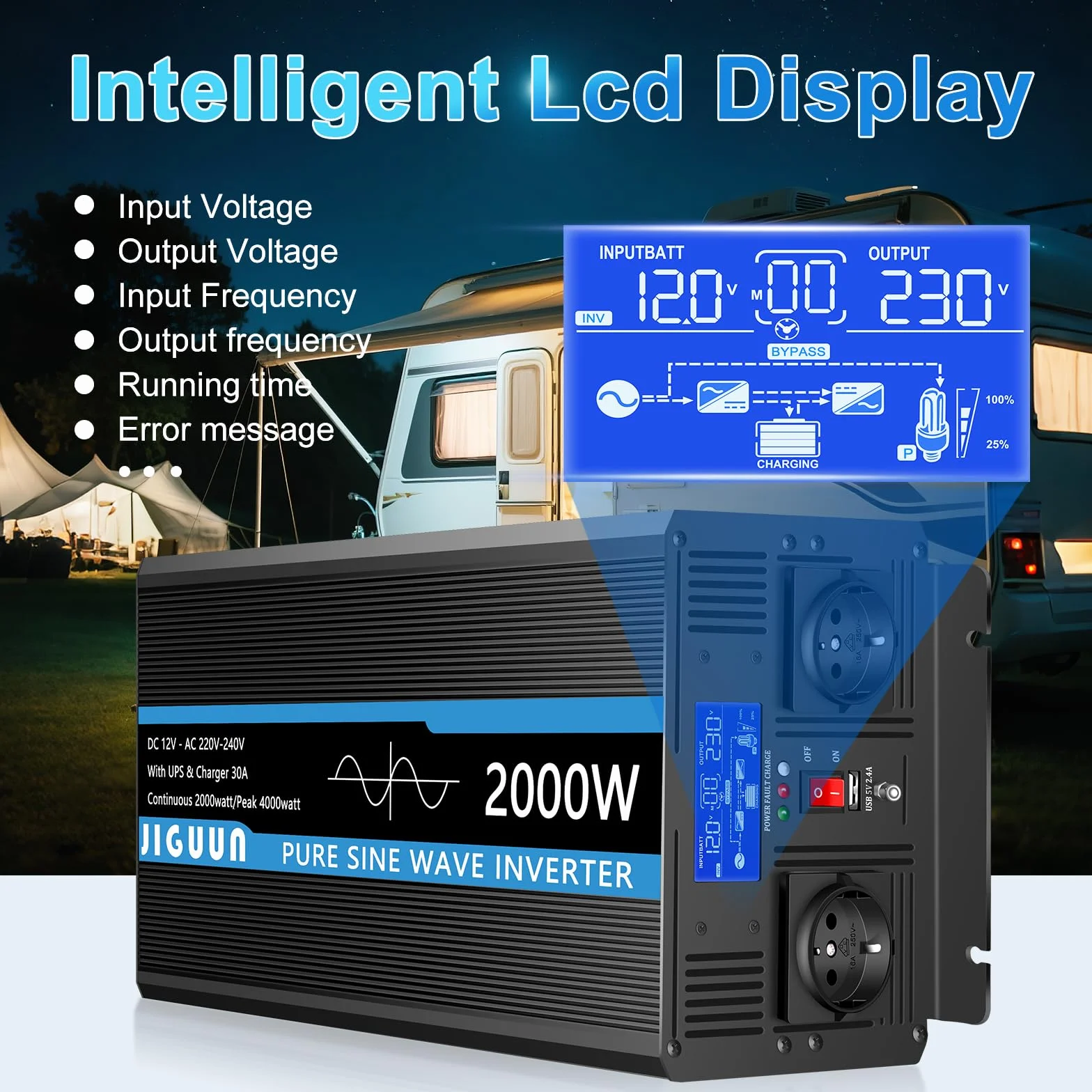 JIGUUN 2000W Inversor 12V 220V Onda Pura Inverter con Cargador 30A y Circuito Prioritario de Red y SAI，2 Tomas EU, Mando a Distancia Inalámbrico y Pantalla LCD Potencia Pico 4000W