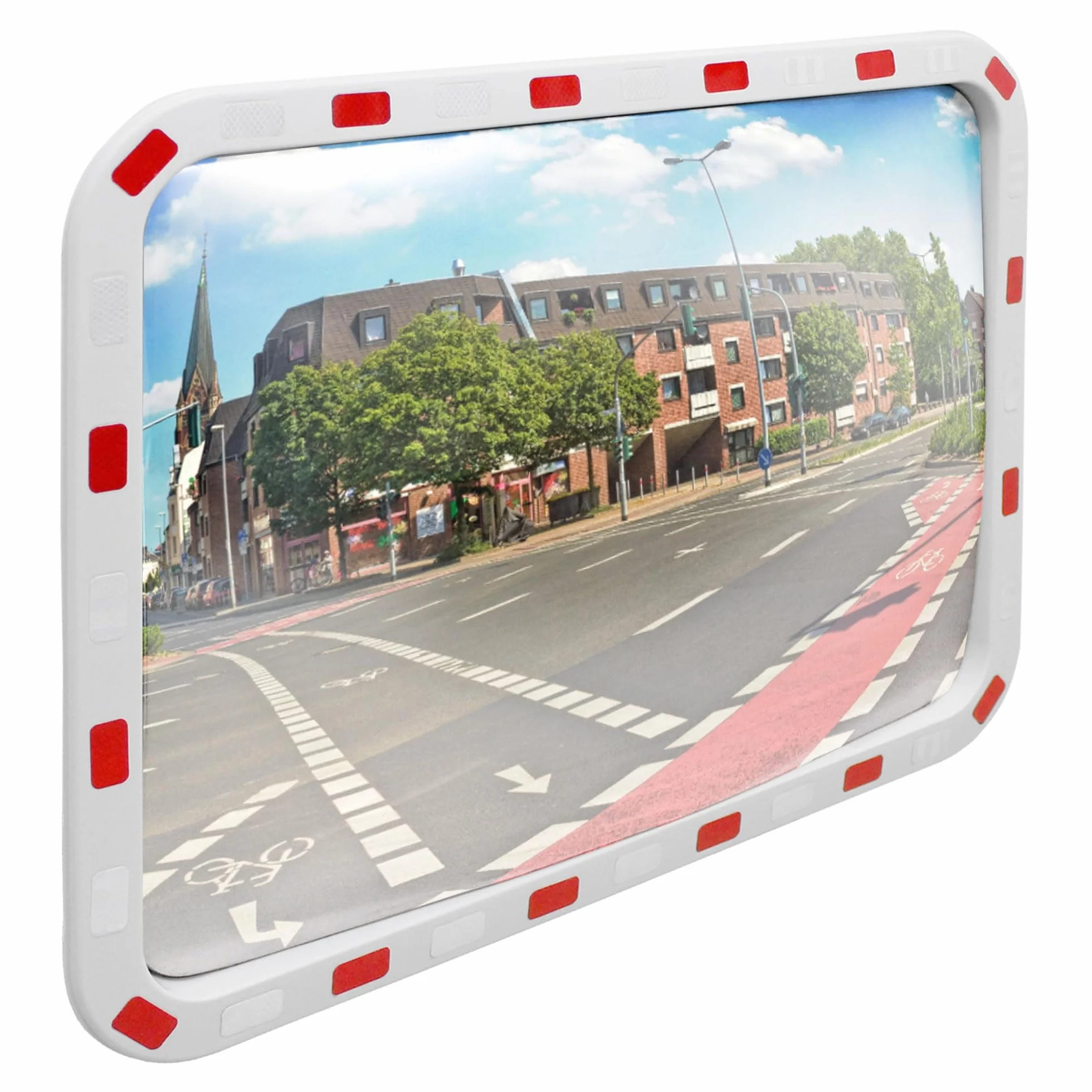 ECD Germany Espejo de tráfico rectangular cristal convexo de 60 x 80 cm con reflectores - Incluye soporte - Material de plástico ABS - blanco-rojo - Luna de seguridad de vigilancia observación cruce