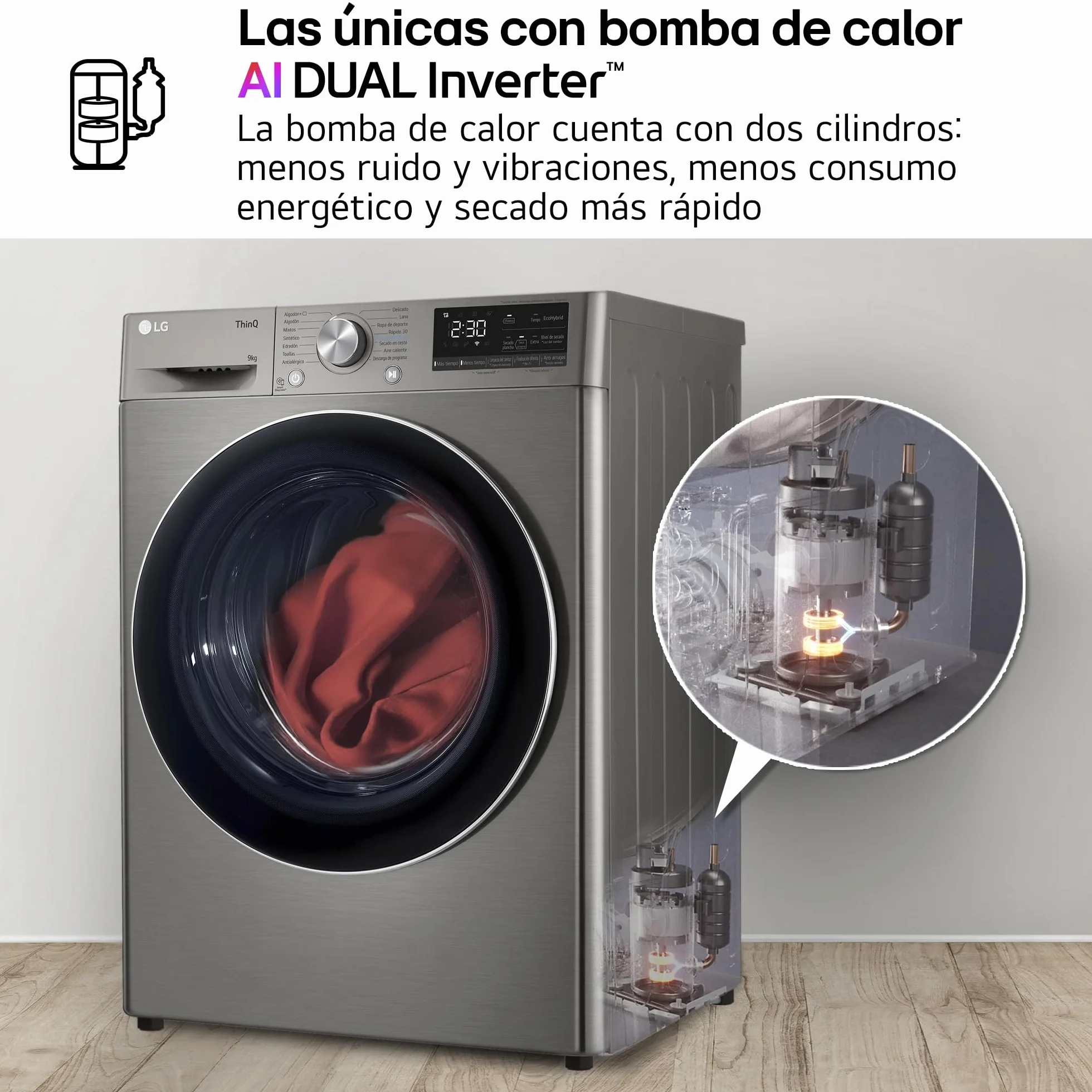 LG RH90V9PV2N Secadora de Ropa 9Kg Bomba de Calor Dual Invert Carga Frontal Serie 900 Inox Antihuellas
