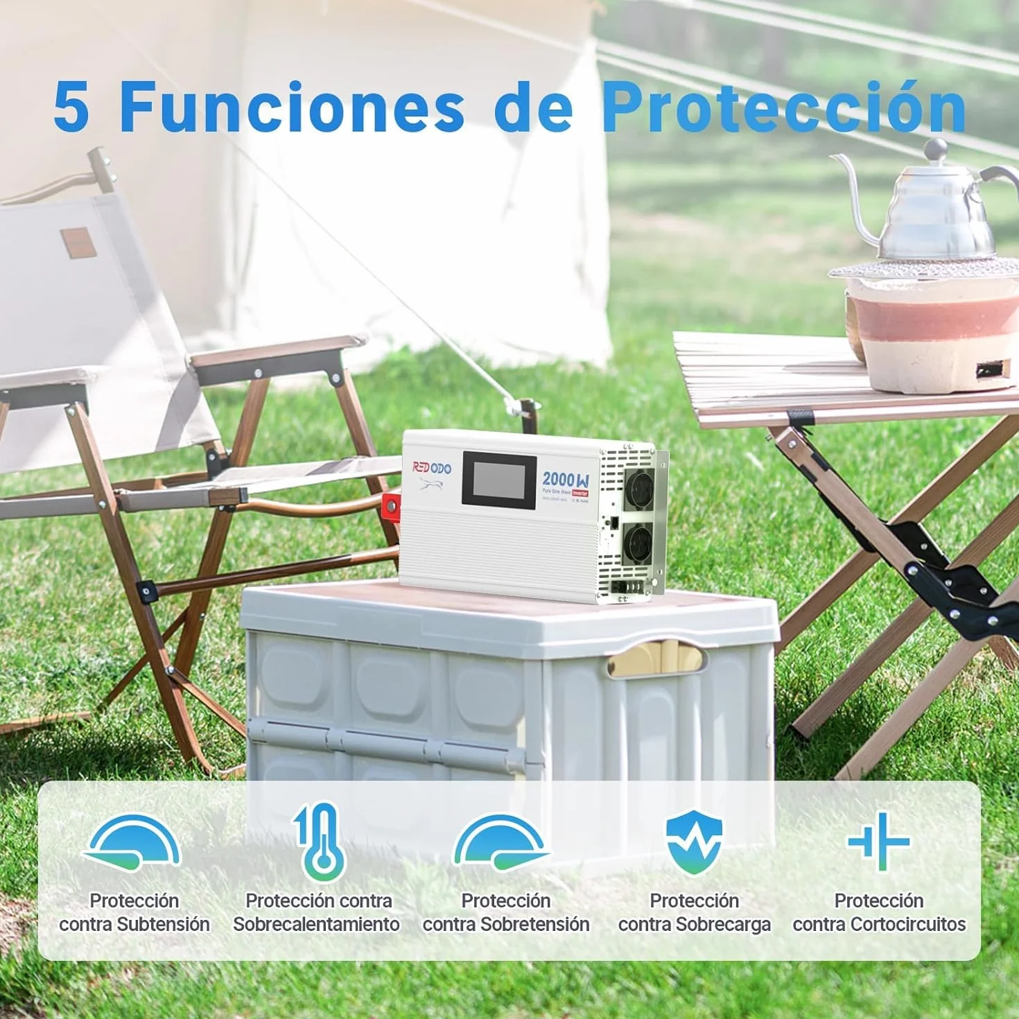Redodo Inversor Onda Sinusoidal Pura 2000W 2V DC a 230V AC Convertidor para Camping,Inversor Energía Solar con 2xSalidas de CA,Pantalla de Monitorización con Visualización de Estado en Tiempo Real