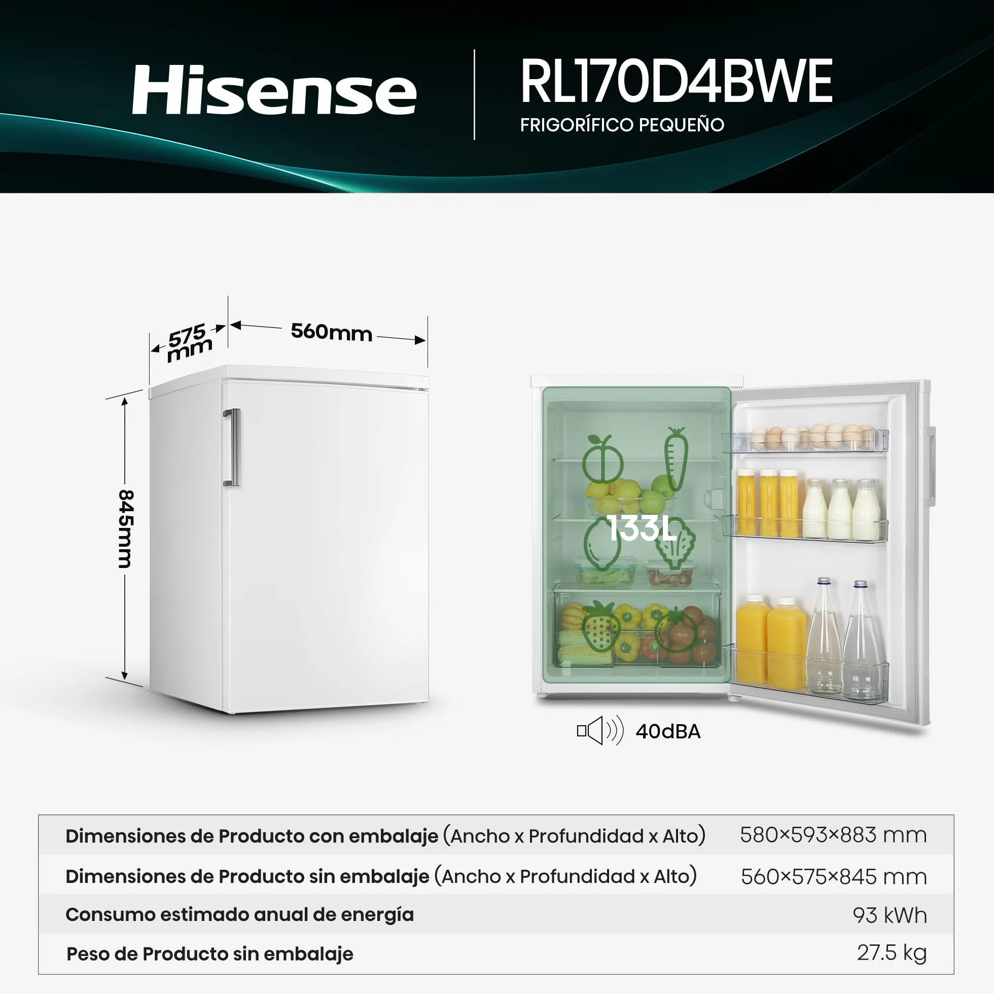 Hisense Frigorífico 1 Puerta Libre Instalación 133L Clase E 84.5x56cm Blanco