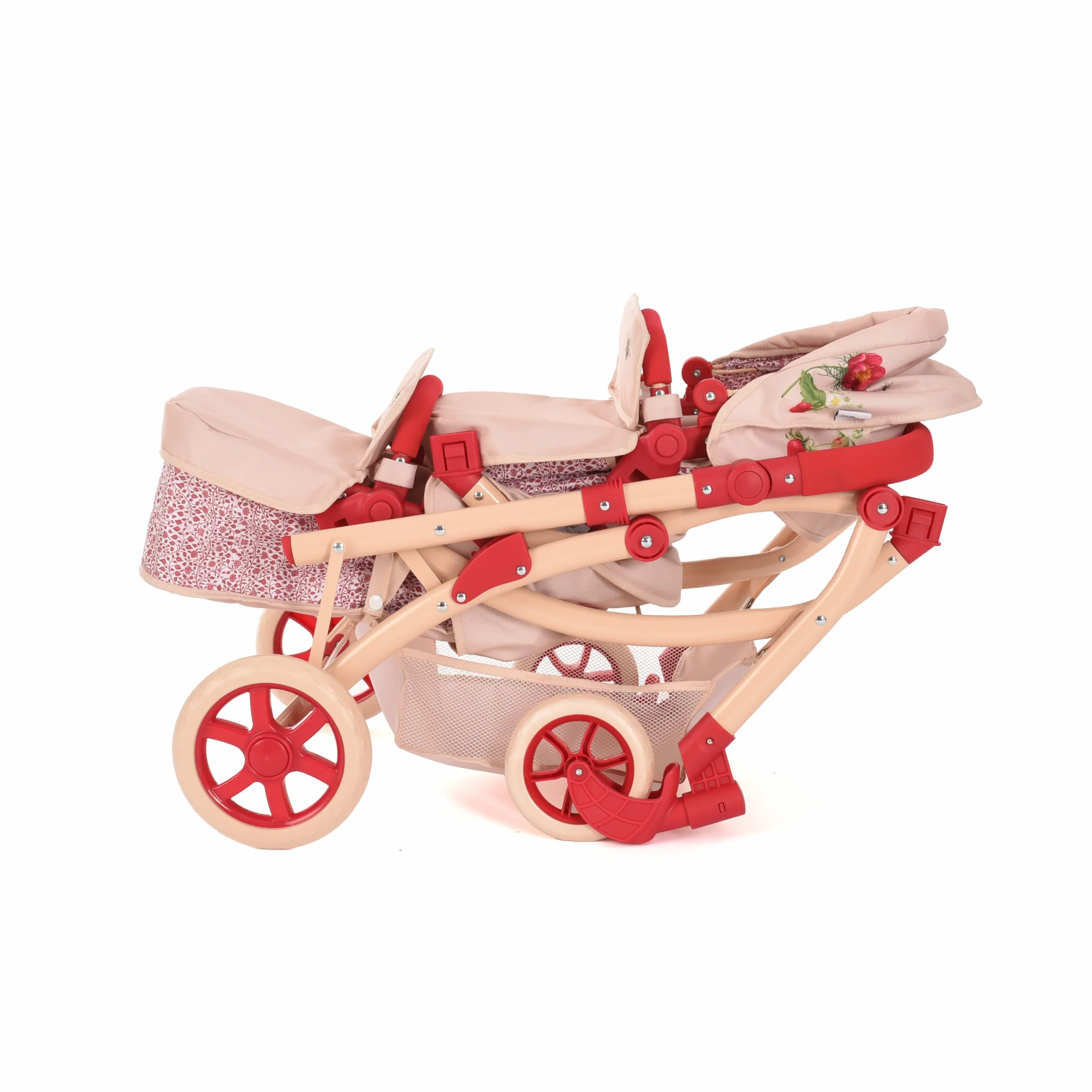 Cochecito para Muñecas Gemelas Roma RHS Flora, Silla de Paseo Doble, Color Crema y Rojo Baya, Manillar Ajustable 69-84 cm