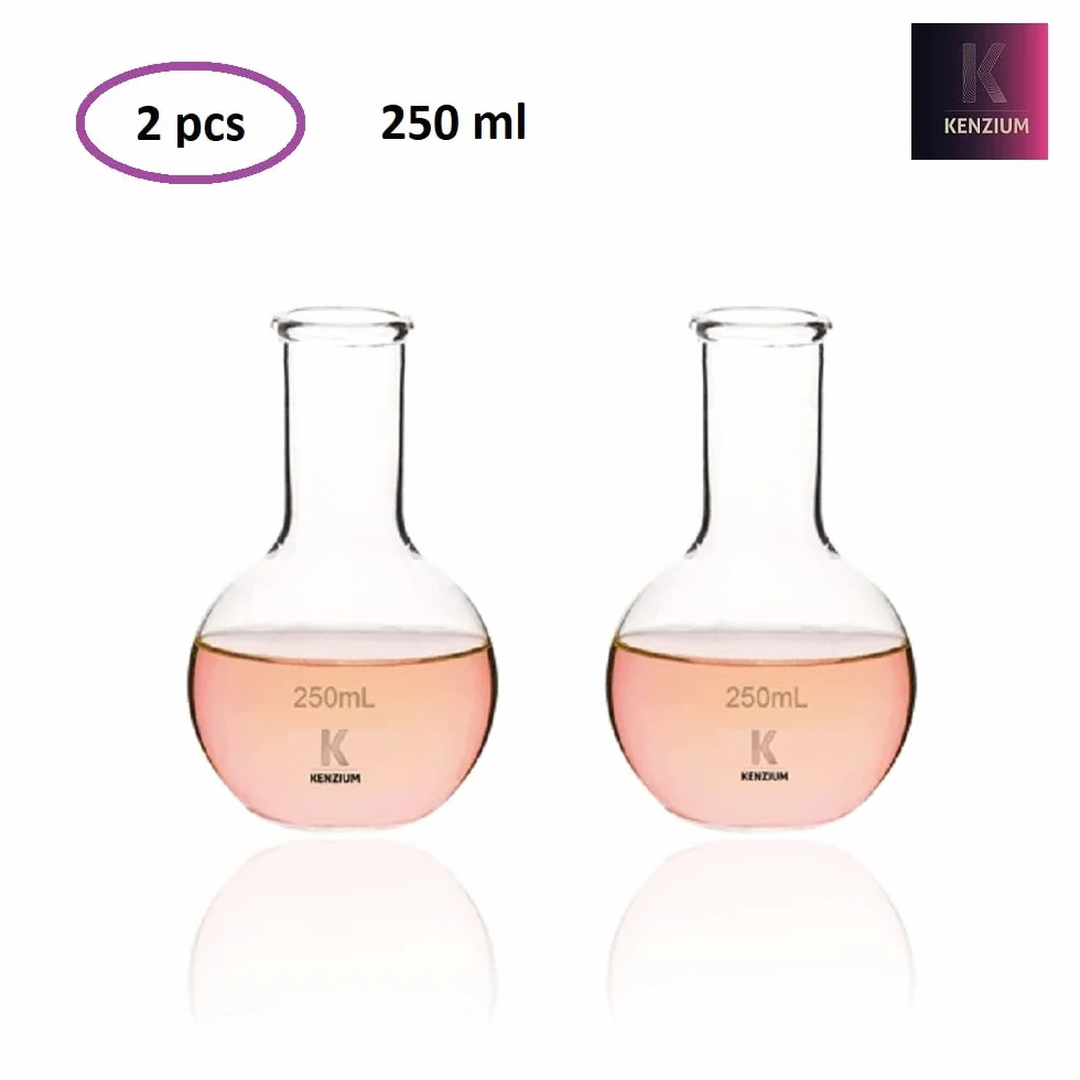 KENZIUM – 2 x Matraz Esférico de Fondo Plano | 2 x 250 ml | Vidrio Borosilicato 3.3 | Cuello Estrecho | Alta Resistencia, Ideal para Ebullición y Uso en Laboratorio