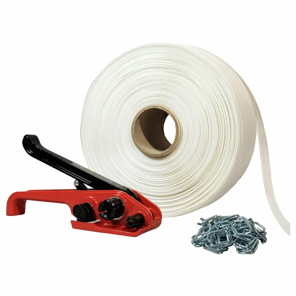 Kit 1 Fleje tejido 16 mm x 850 m + 250 hebillas GRATIS + 1 tensor - Resistencia 450kg - TECPLAST KFT1