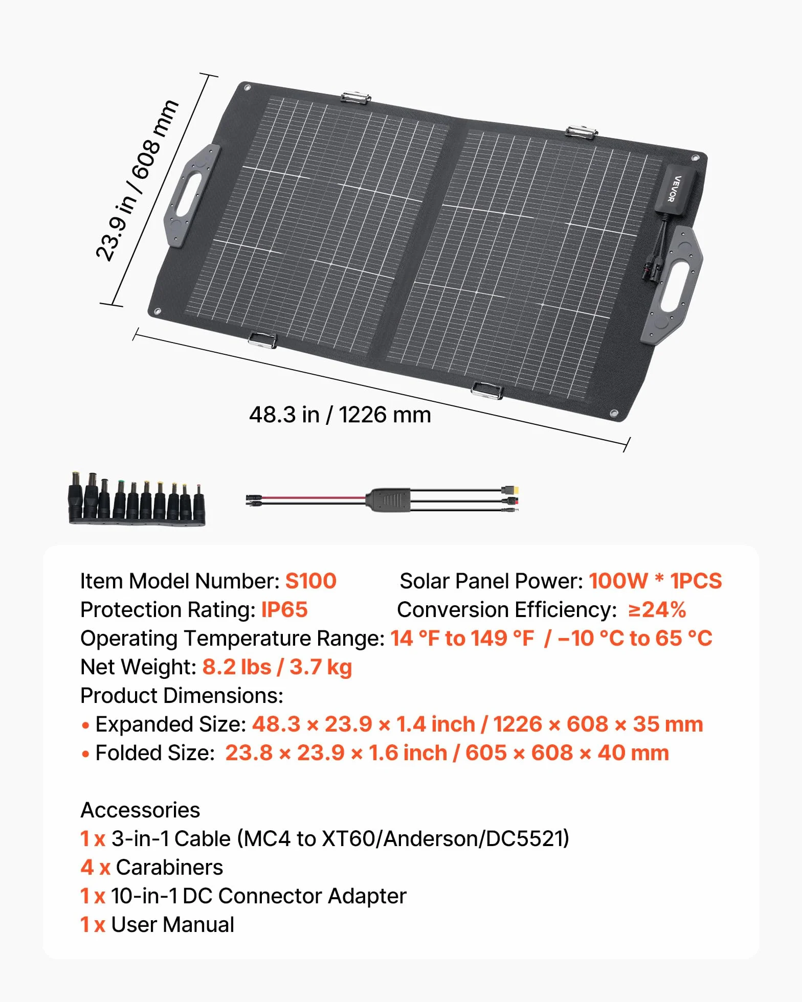 VEVOR Placa Solar Plegable 100W, Panel Solar Portátil con Célula Fotovoltaica Bifacial, Salidas de USB MC4 DC, IP65 Impermeable, Compatible con Estaciones de Energía Autocaravanas Acampada Viajes