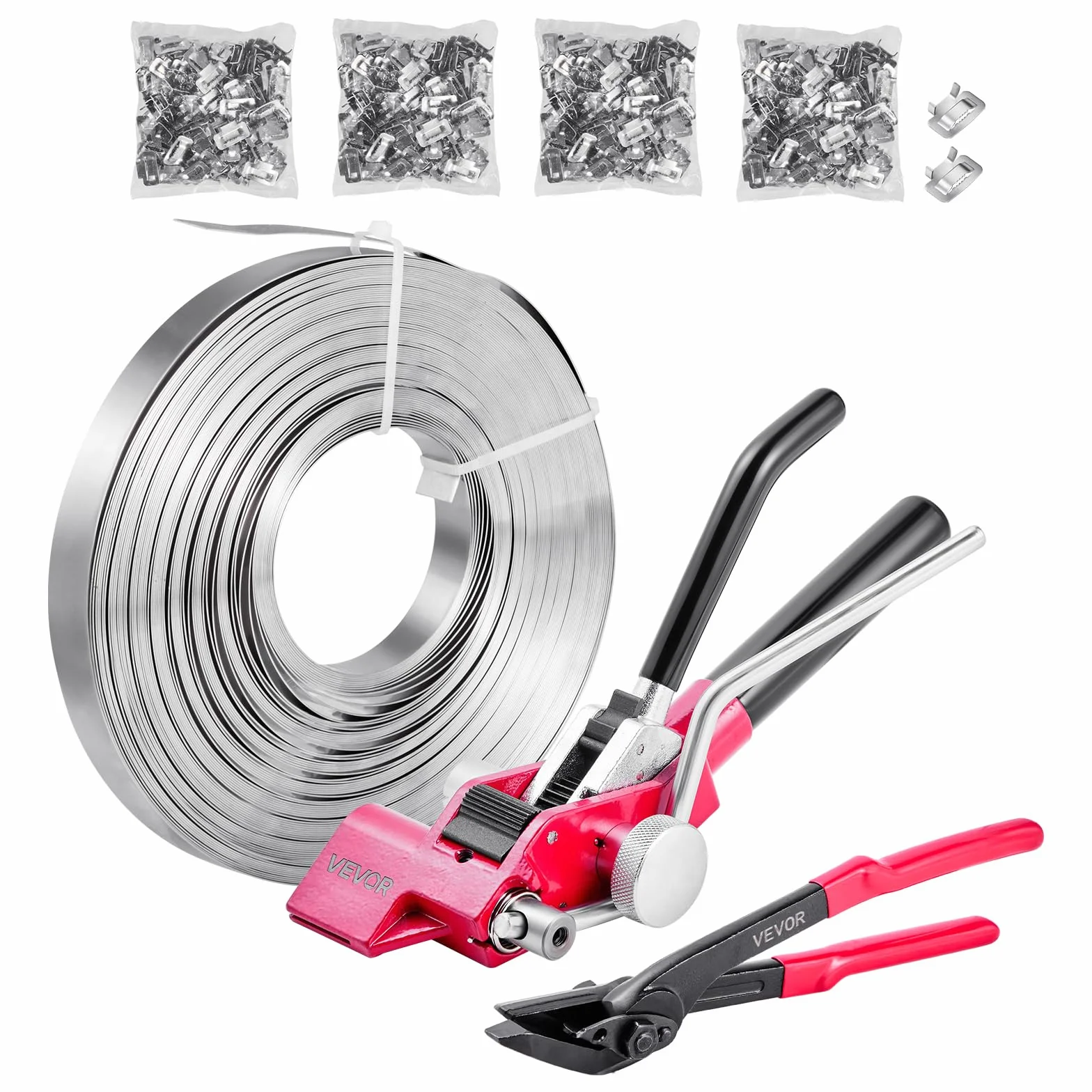 VEVOR Juego de Flejes Manuales Banda Acero 19 mm x 122 m, Kit de Herramientas de Flejado con Tensor, Cortador, 400 Sellos Metálicos para Logística Embalaje de Palés Empaquetado Transporte Carga Pesada