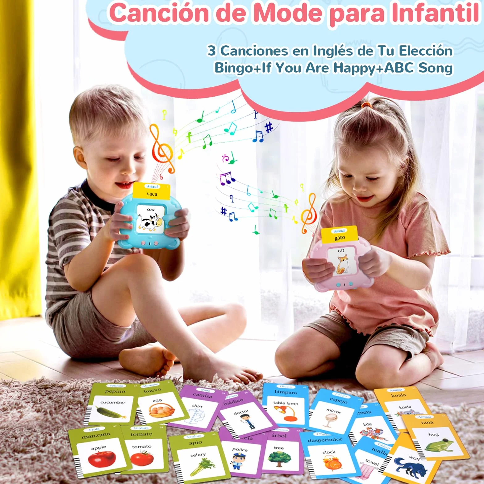 AHJ Tarjetas Flash Parlantes Español 112 Hojas 224 Palabras Juguete Montessori 3 Modo Idioma Español Inglés Bilingüe Azul