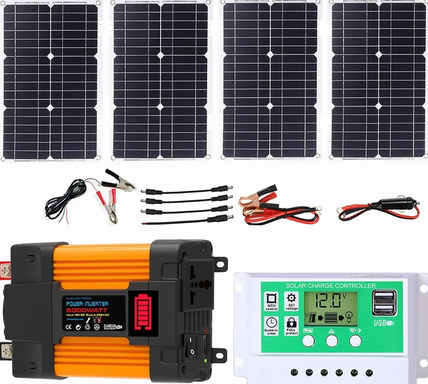 Kit completo de inversor de 4000 W y 6000 W con control solar de 50 A y paneles solares de 100 W, sistema de red Doméstica para sistemas de generación de energía y exteriores (6000 W, 12 V-220 V)