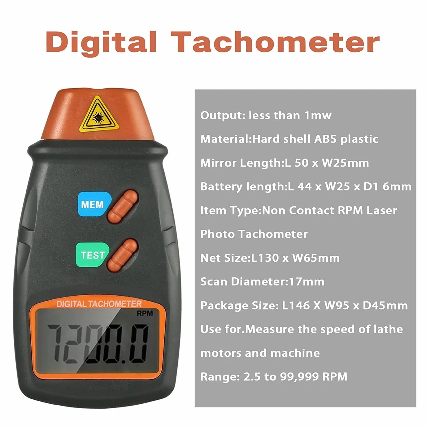 Tacómetro Digital Sin Contacto Láser Rango De Medición 2.5RPM~99.999RPM