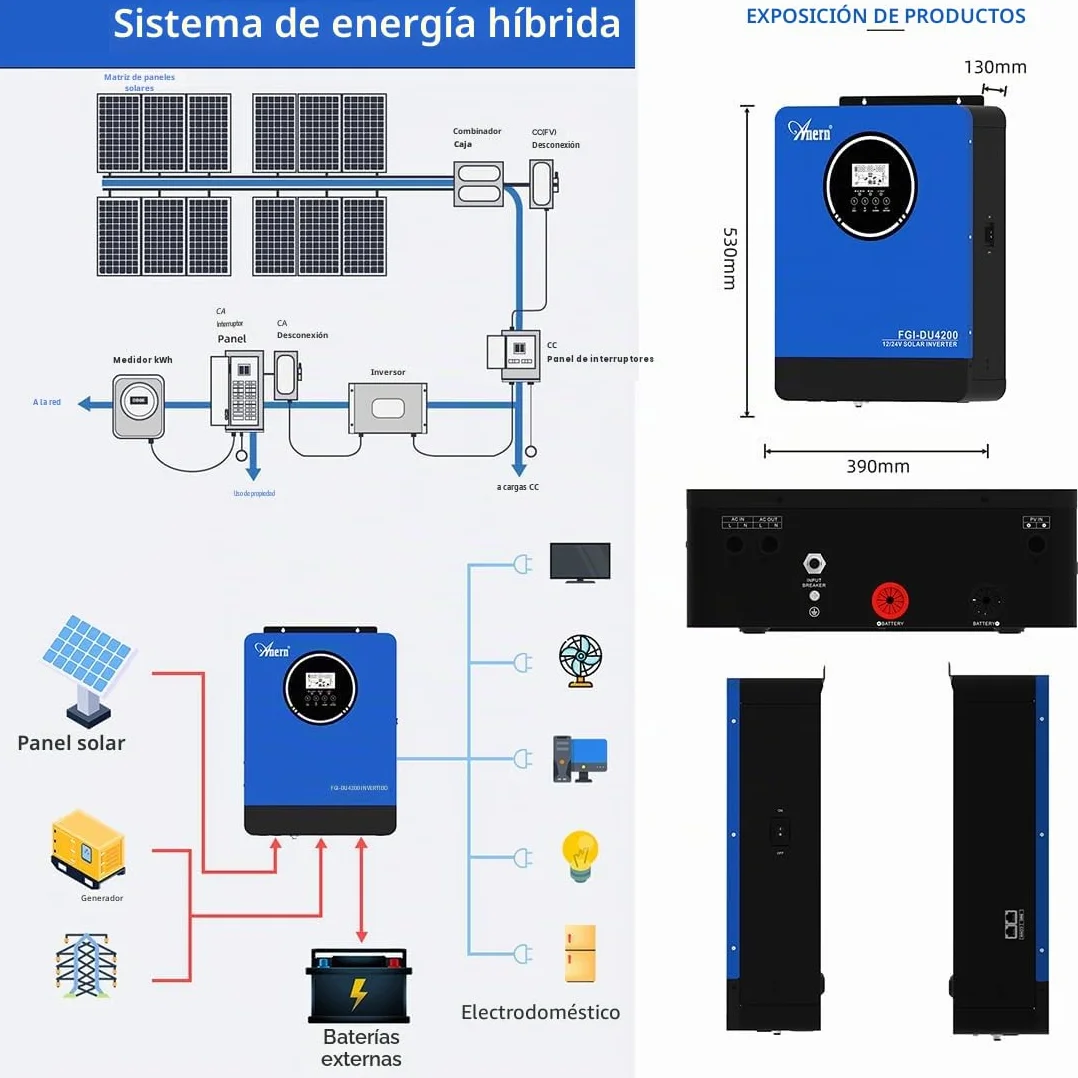Anern Inversor Híbrido Solar 2KW 4KW CC 12V/24V a CA 220V/230V Inversor Doble Voltaje,Integrado Controlador De Carga Solar MPPT 100A,Interfaz BMS y Comunicación de Batería,PV 55V-500VCC