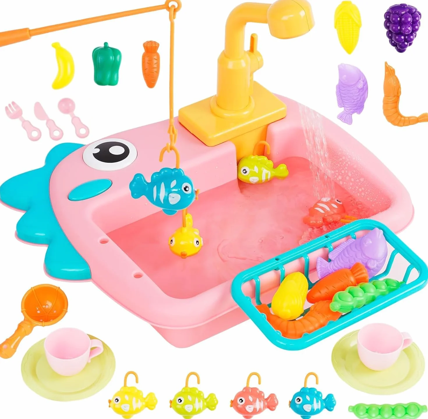 Fregadero de Juguete de Cocina con Agua Corriente, Juguetes de Pesca, Rosa