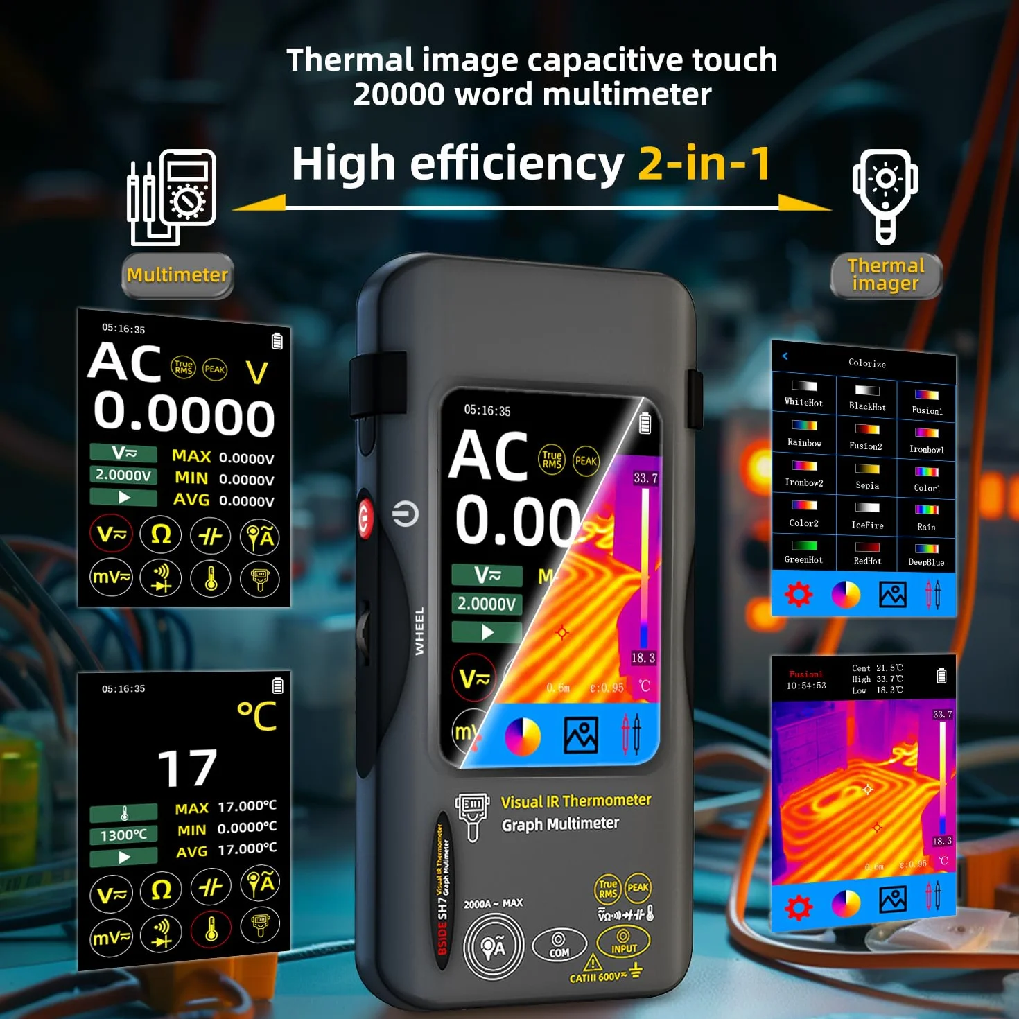 BSIDE SH7 Cámara Térmica Multímetro 320×320 Resolución Con 20000 Conteos Tester Pantalla Táctil TFT 3.98'' Cámara Térmica Infrarroja 25Hz (-20-550℃) 15 Paletas Térmicas TRMS Multímetro de Auto-Rango