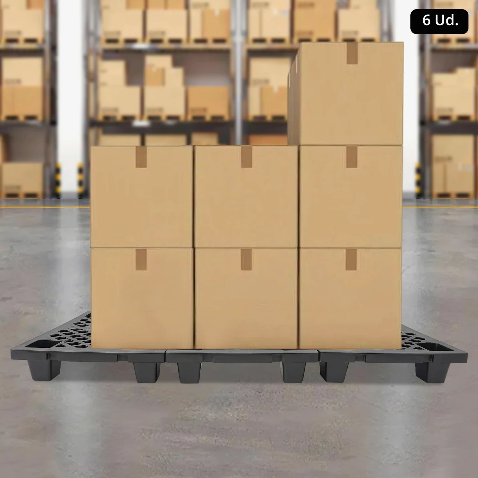 6 palés de plástico para almacenamiento y transporte con capacidad de carga de 100 kg por palé para fábricas de almacenes (negro)