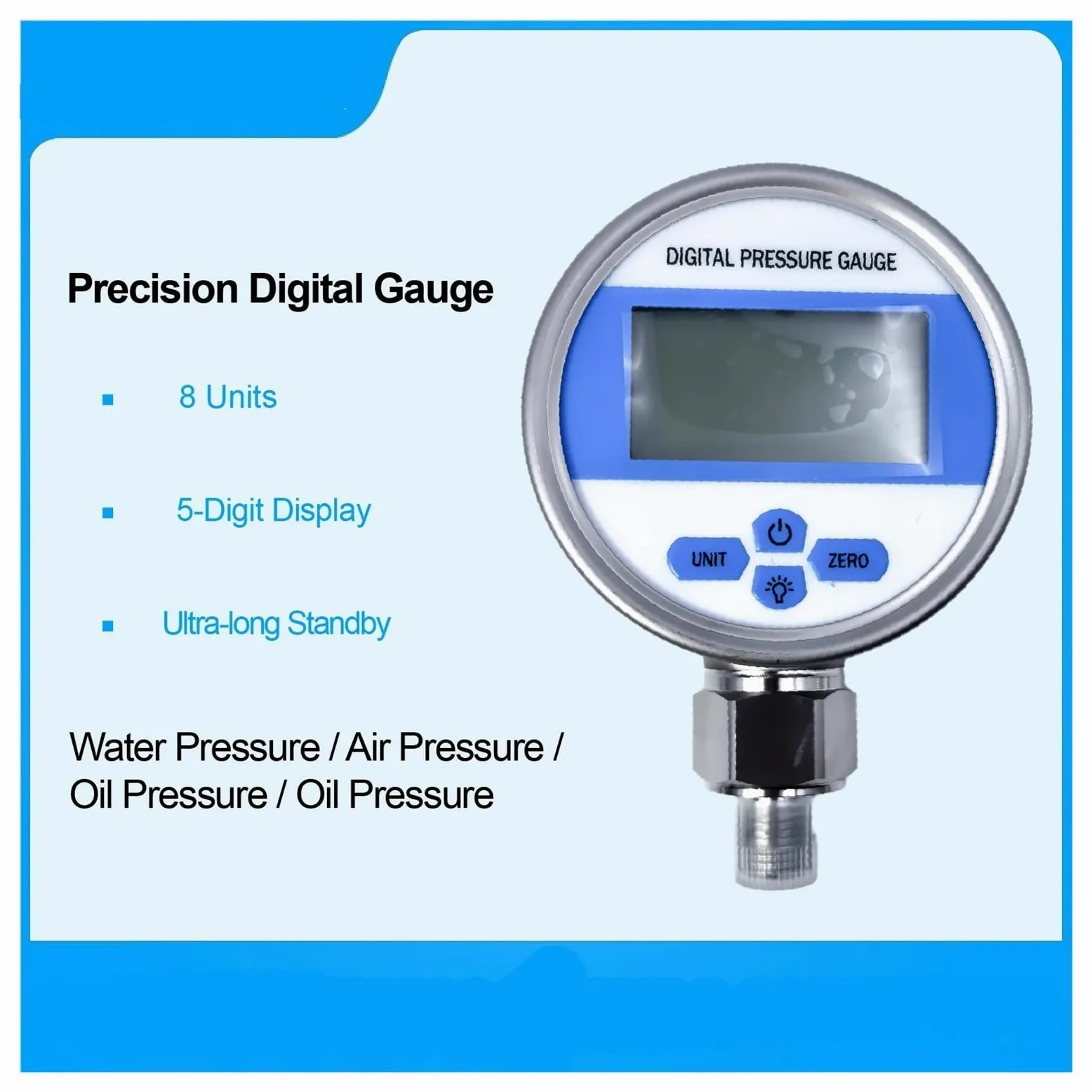 Manómetro Digital de presión YB80A, manómetro vacío precisión, Pantalla Alta, Sensor Acero Inoxidable Alimentado por batería(NPT1-2,0-100kpa)