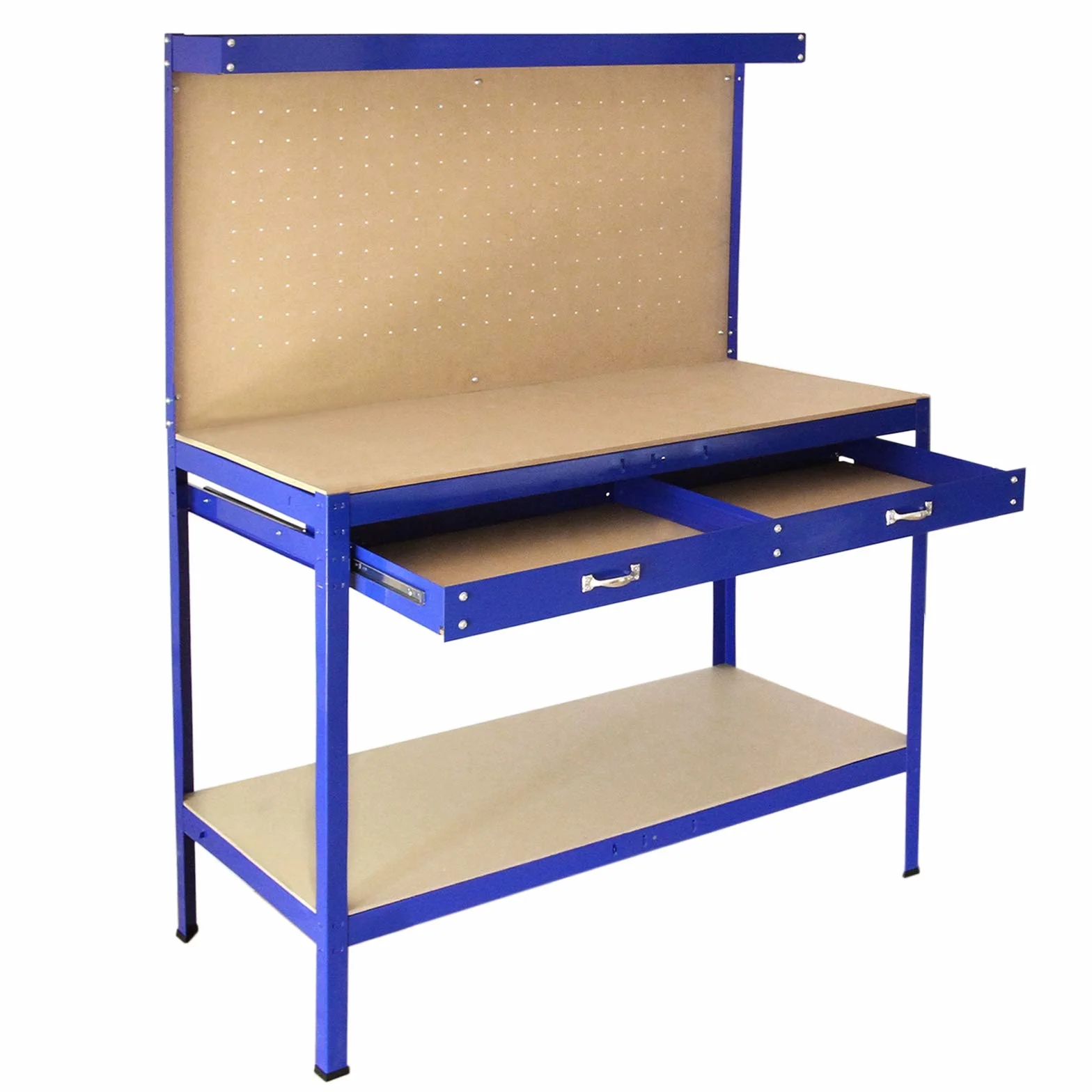 Mesa de Trabajo Metálica 155x120x60cm Banco de Trabajo Azul con Tablero de Clavijas y Cajón Capacidad 200kg Almacenamiento Herramientas Taller Garaje
