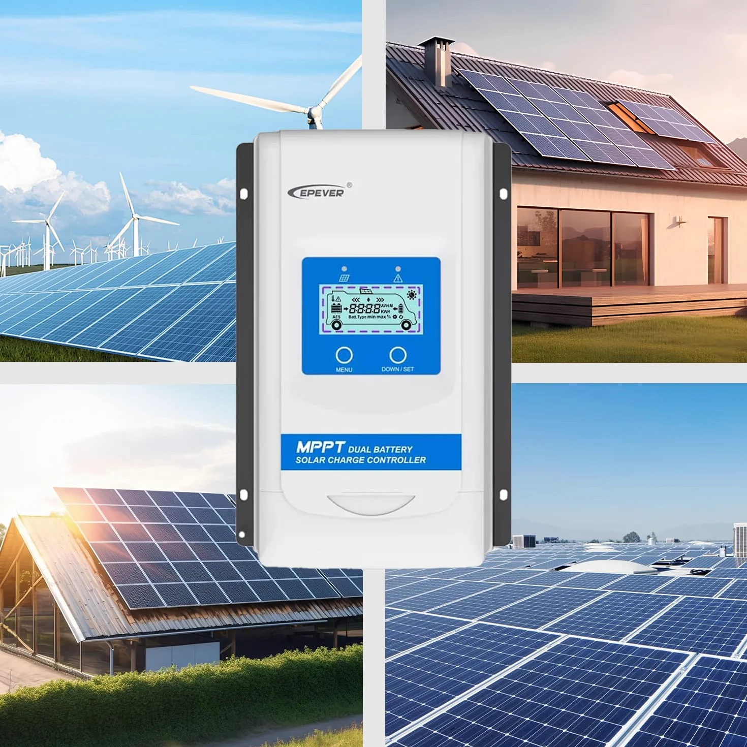 EPEVER® 20A MPPT Regulador de Carga solar de Doble Batería 12V/24V Auto con Pantalla LCD para RV Camper Barco Remolque apto para Sellado, Gel, inundado, Batería de Litio - DR2210N