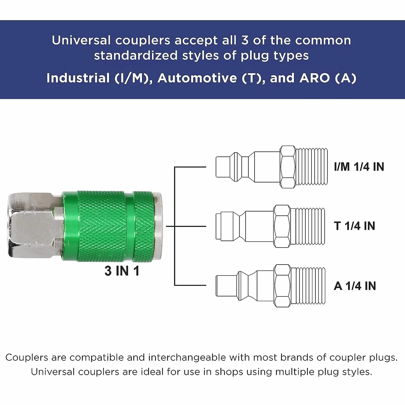 Conectores Rápidos Industriales de Aire, NPT 1/4 Pulgadas, Aleación de Aluminio Universal