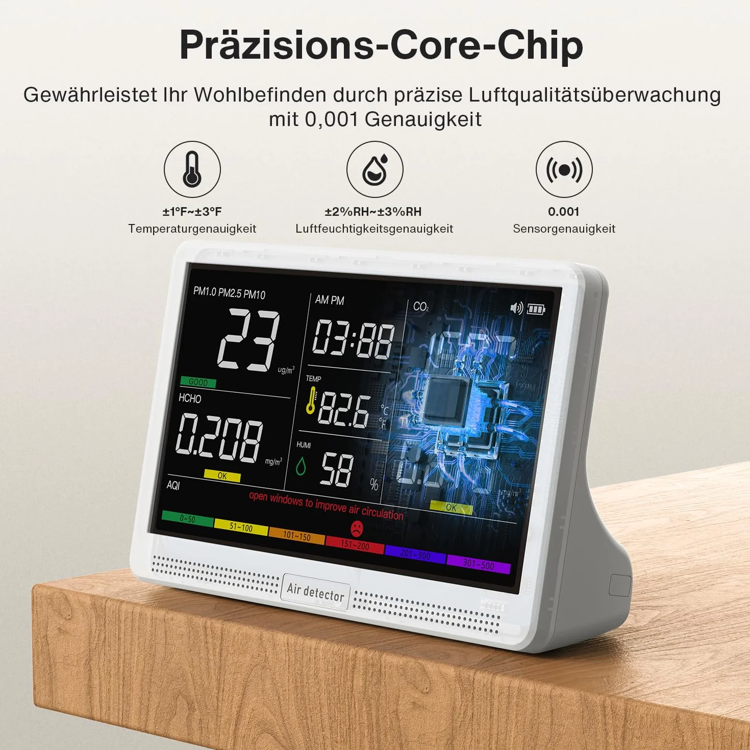 bonoch Monitor de Calidad del Aire 16 en 1 para Interiores con Pantalla de 7" – 9 AQI + 7 Alertas AQI – Medidor de CO2, TVOC, PM2.5, PM1.0, PM10, HCHO, Temperatura, Humedad, AQI y Hora – Para Hogar