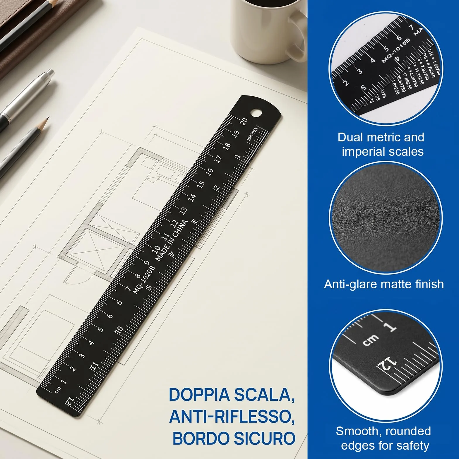 Reglas de Metal 3 Piezas 15 cm 20 cm 30 cm Doble Escala Métrica e Imperial Negro