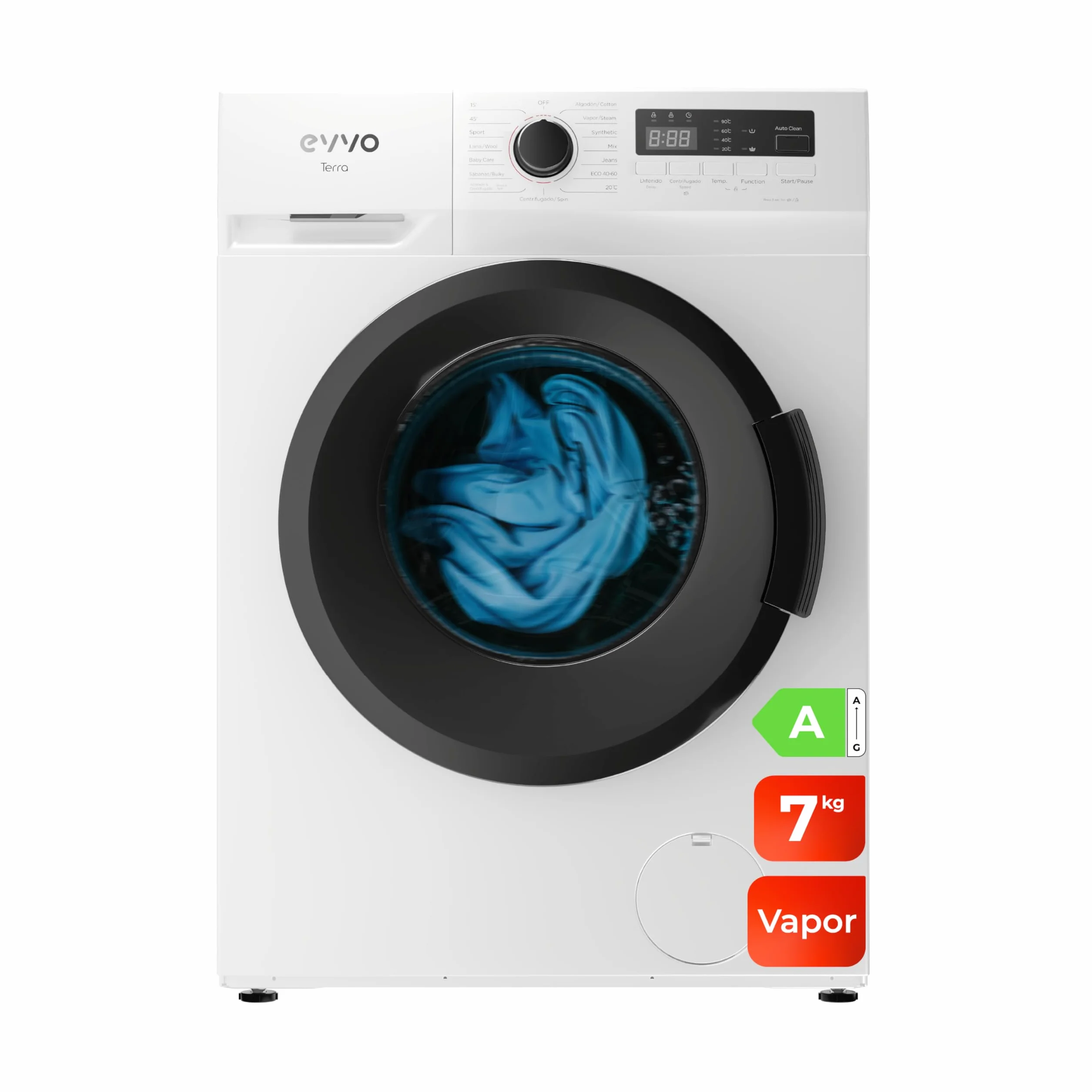 EVVO Lavadora Carga Frontal 7kg 1400 rpm Motor Inverter Clase A Vapor Blanco 40cm